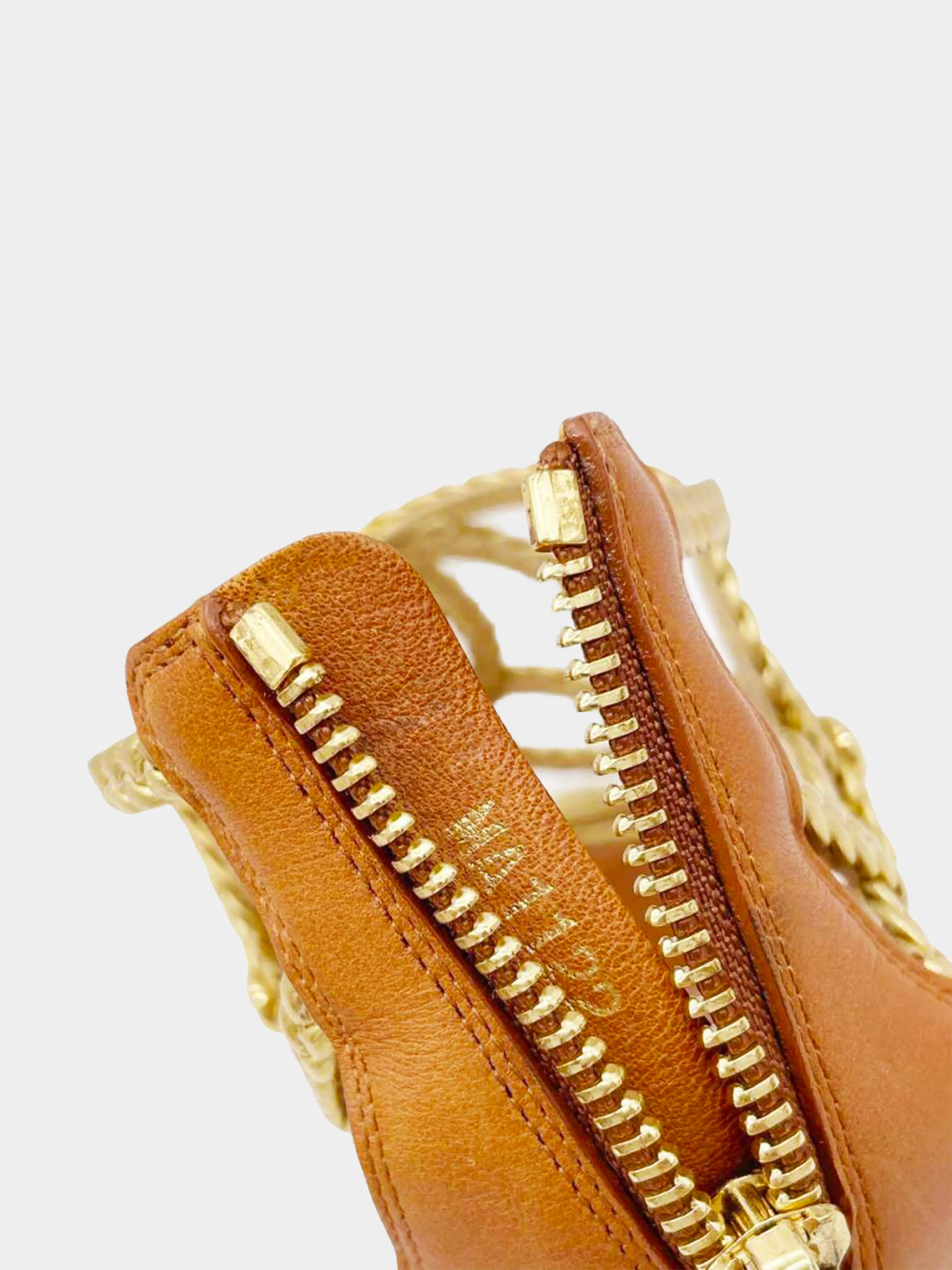 Louis Vuitton 2012 Gold Braided Leather Kilim Wedge Sandals - Image 3