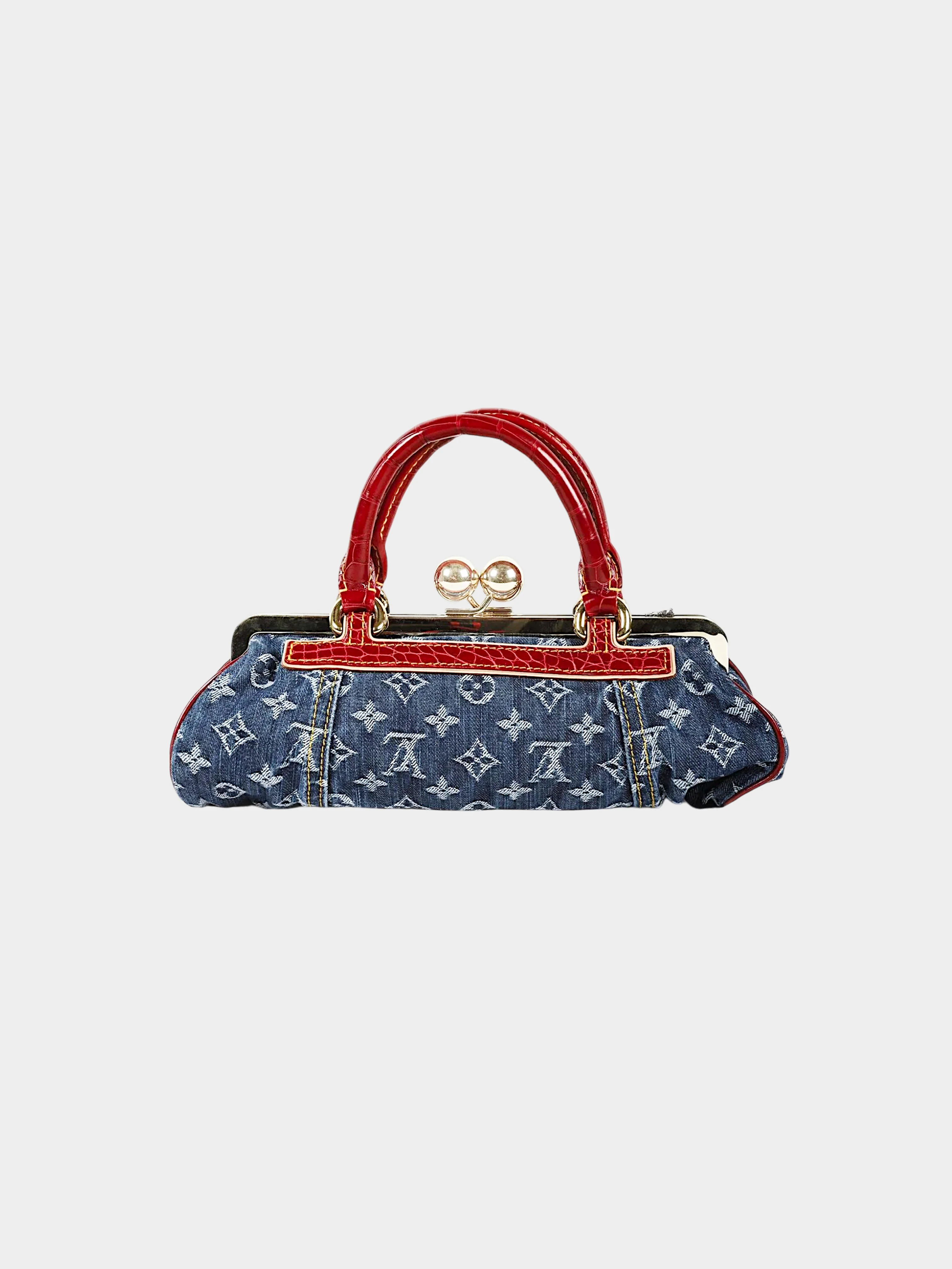 Louis Vuitton by Marc Jacobs 2005 Red Alligator Leather and Denim Monogram Sac Fermoir Bag - Image 2