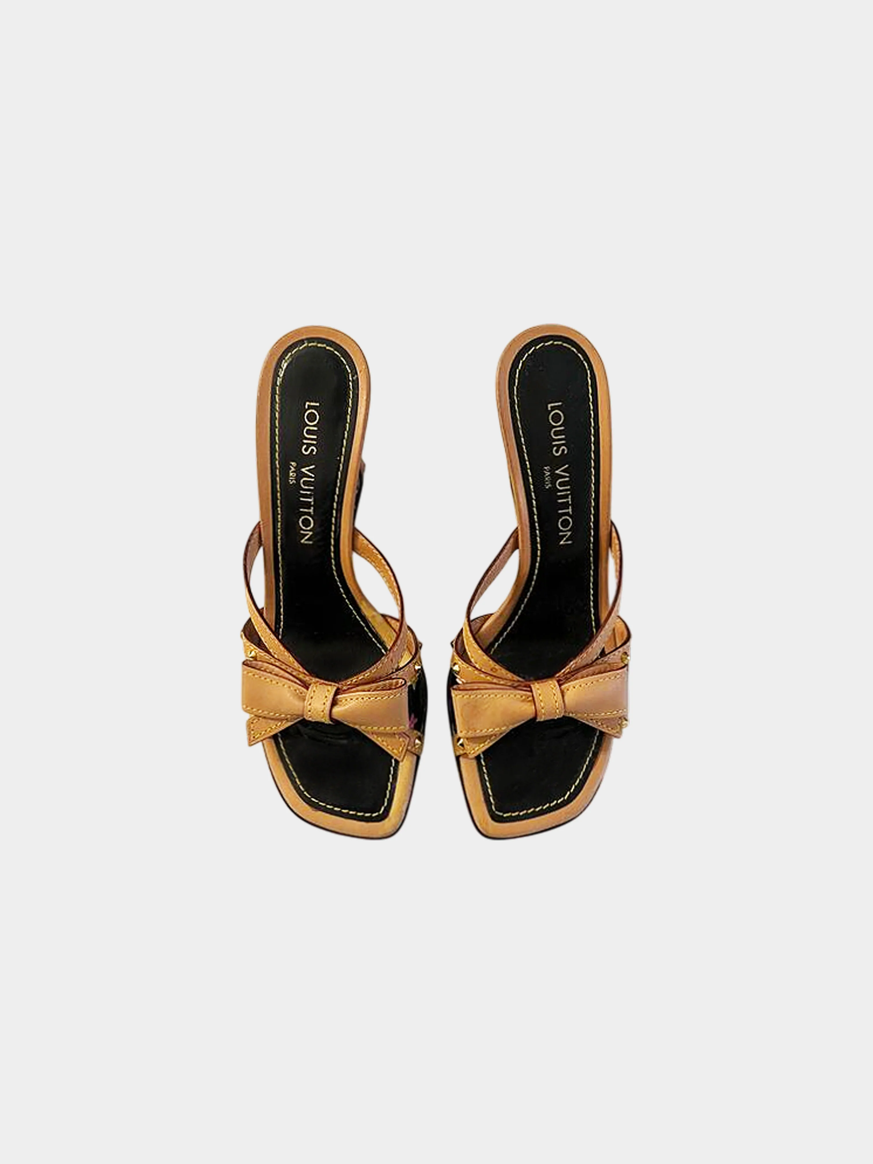 Louis Vuitton Early 2000s Takashi Murakami Black Multicolor Wedge Sandals with Bow - Image 2
