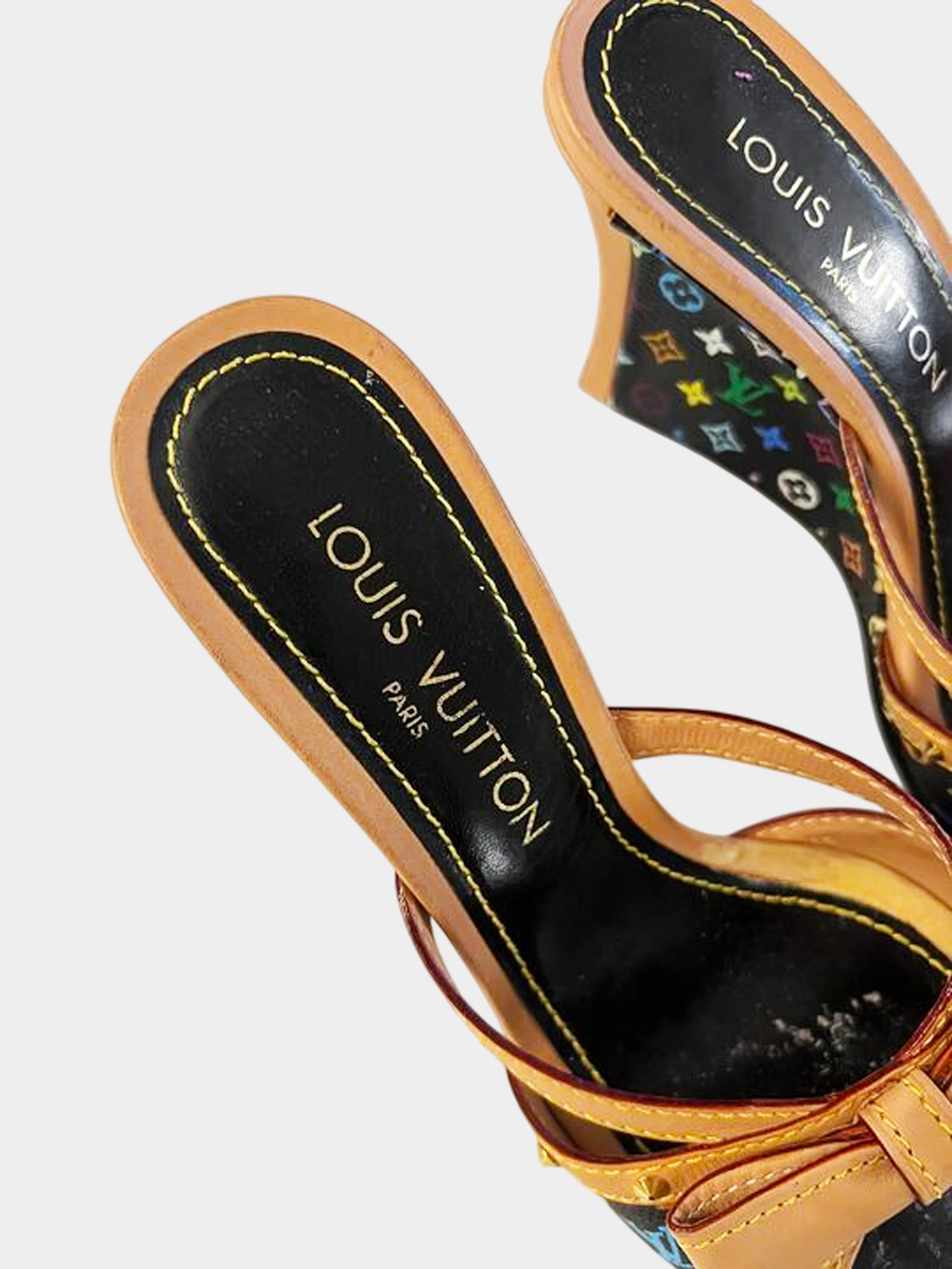 Louis Vuitton Early 2000s Takashi Murakami Black Multicolor Wedge Sandals with Bow - Image 3
