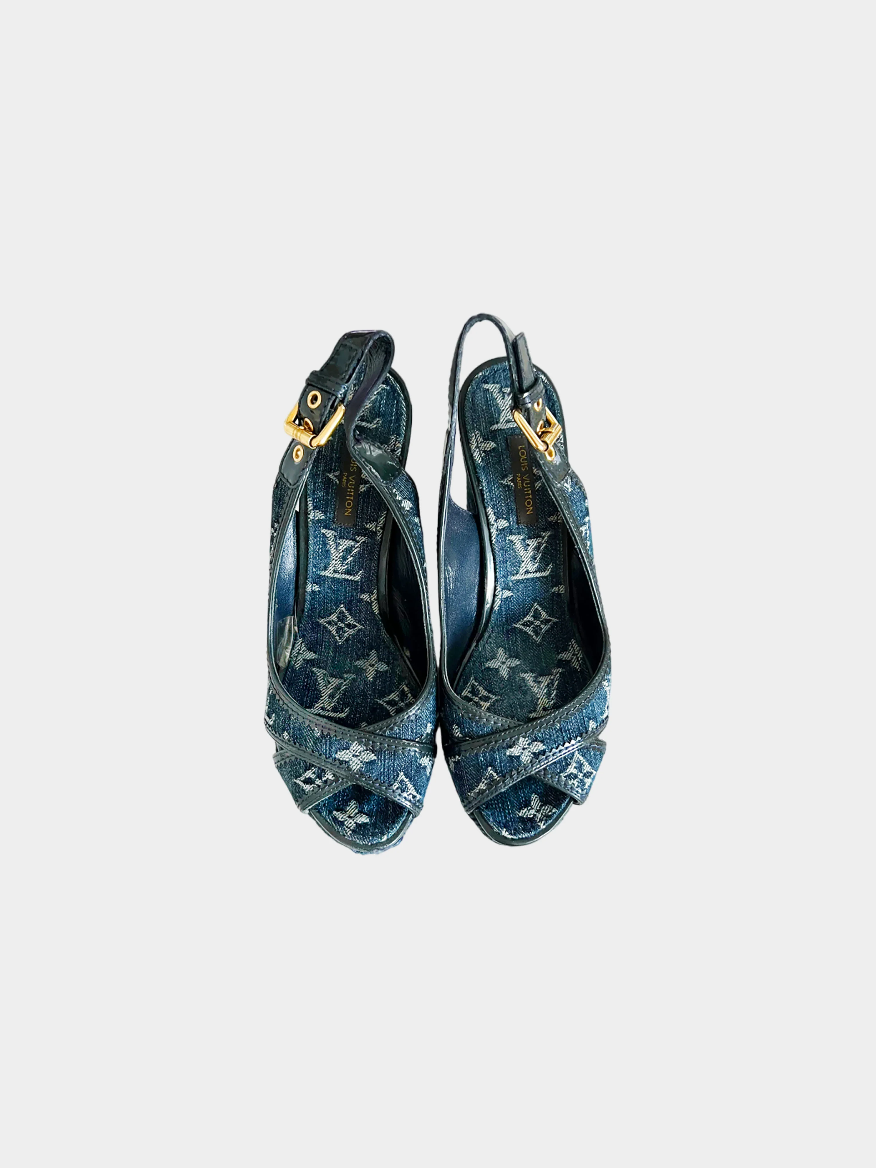 Louis Vuitton Early 2010s Navy Denim Slingback Espadrille Wedge Sandals - Image 2