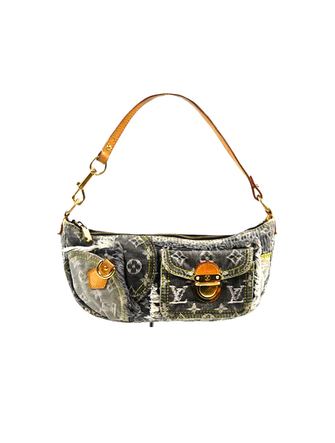 Louis Vuitton 2000s Gray Monogram Denim Patchwork Shoulder Bag