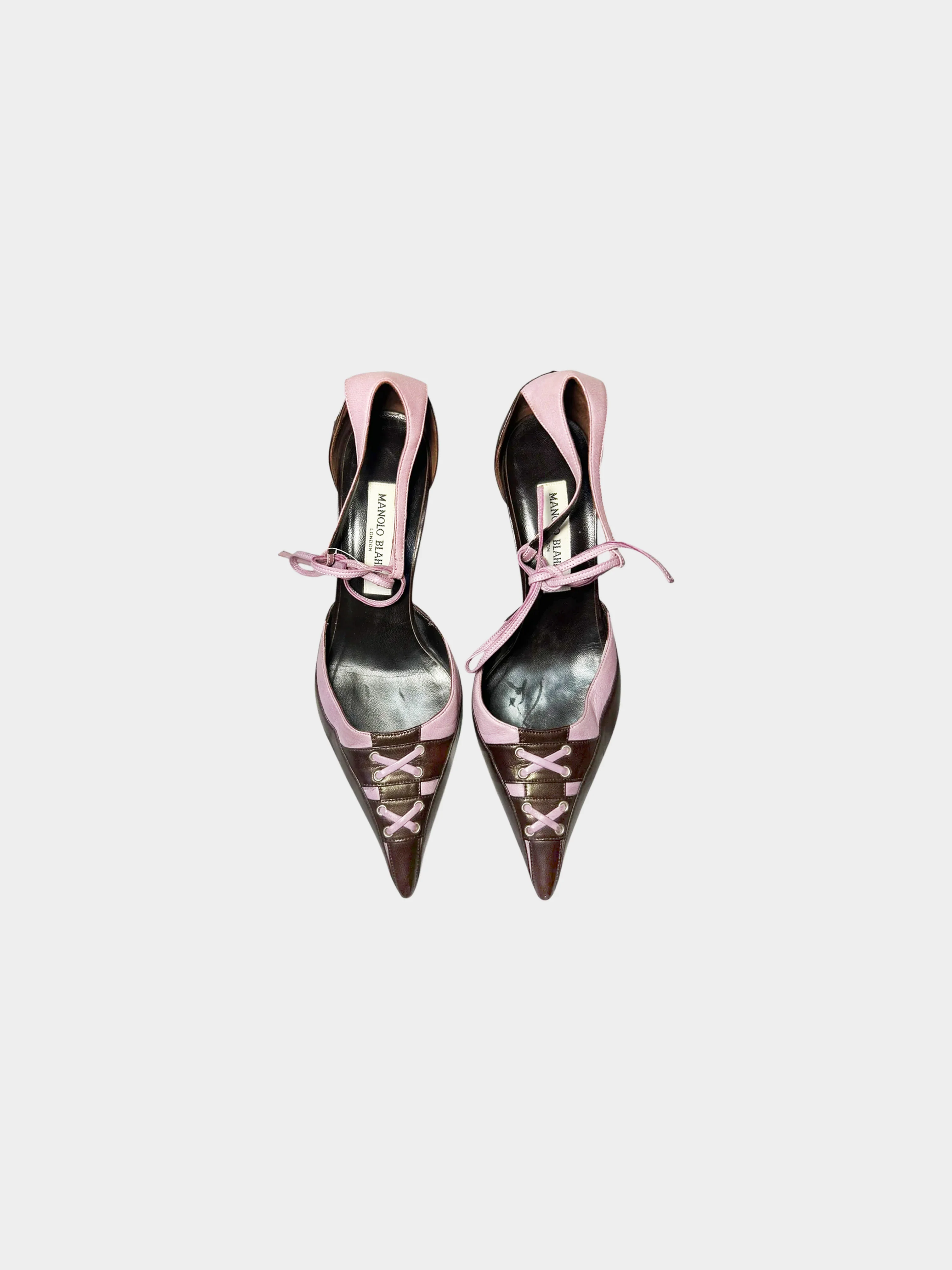 Manolo Blahnik 2000s Brown and Purple Leather Bow Tie Strappy Heels - Image 2