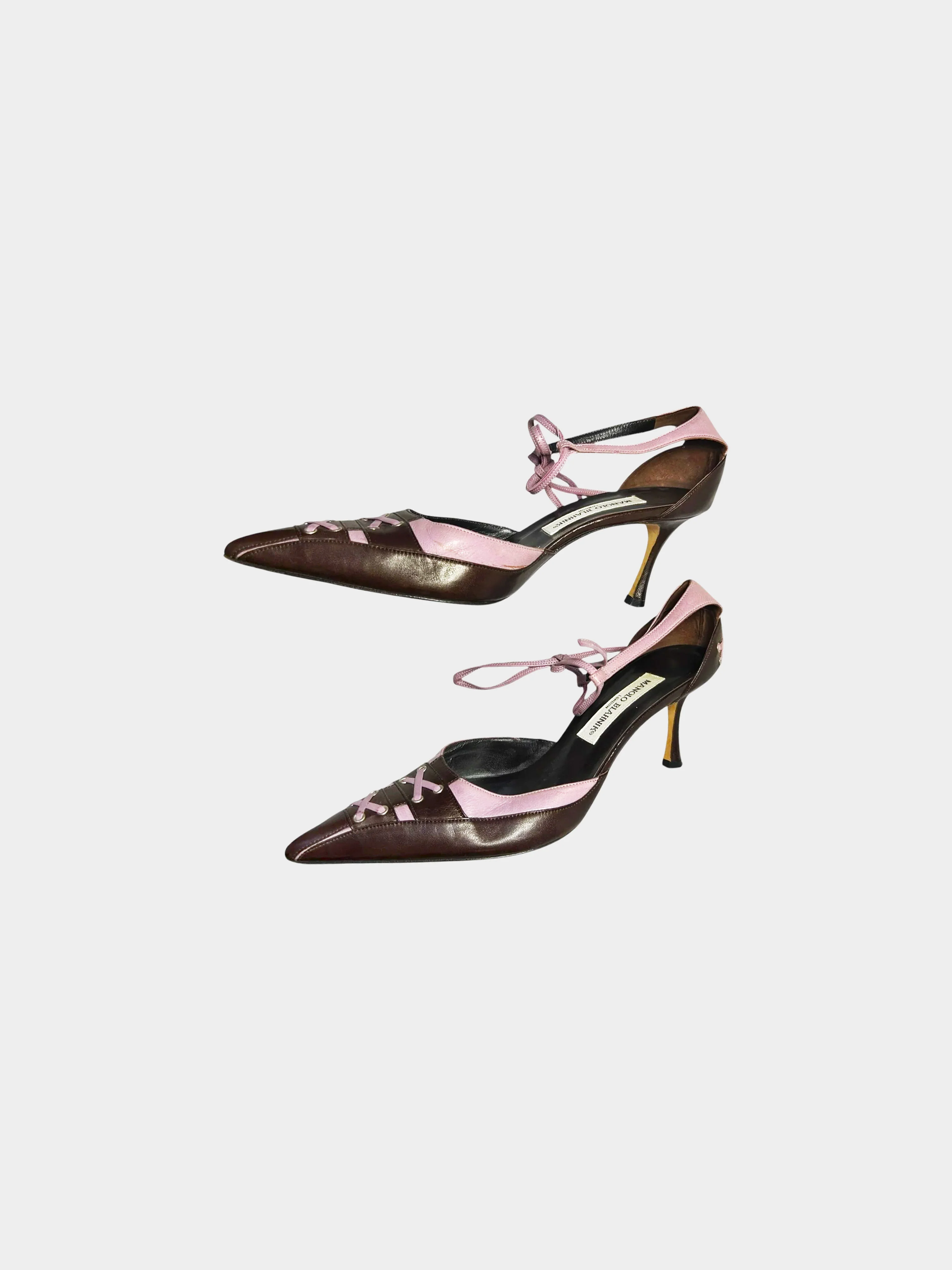 Manolo Blahnik 2000s Brown and Purple Leather Bow Tie Strappy Heels - Image 3