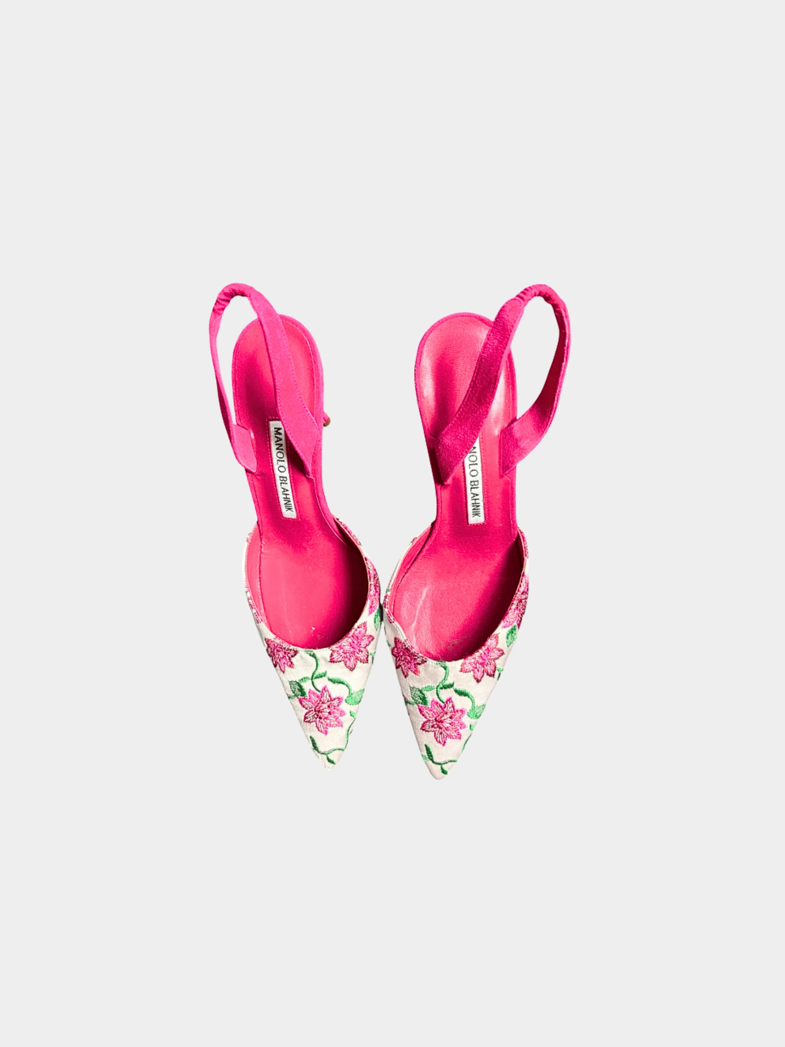 Manolo Blahnik 2000s Floral Pink Suede Slingback Heels - Image 2