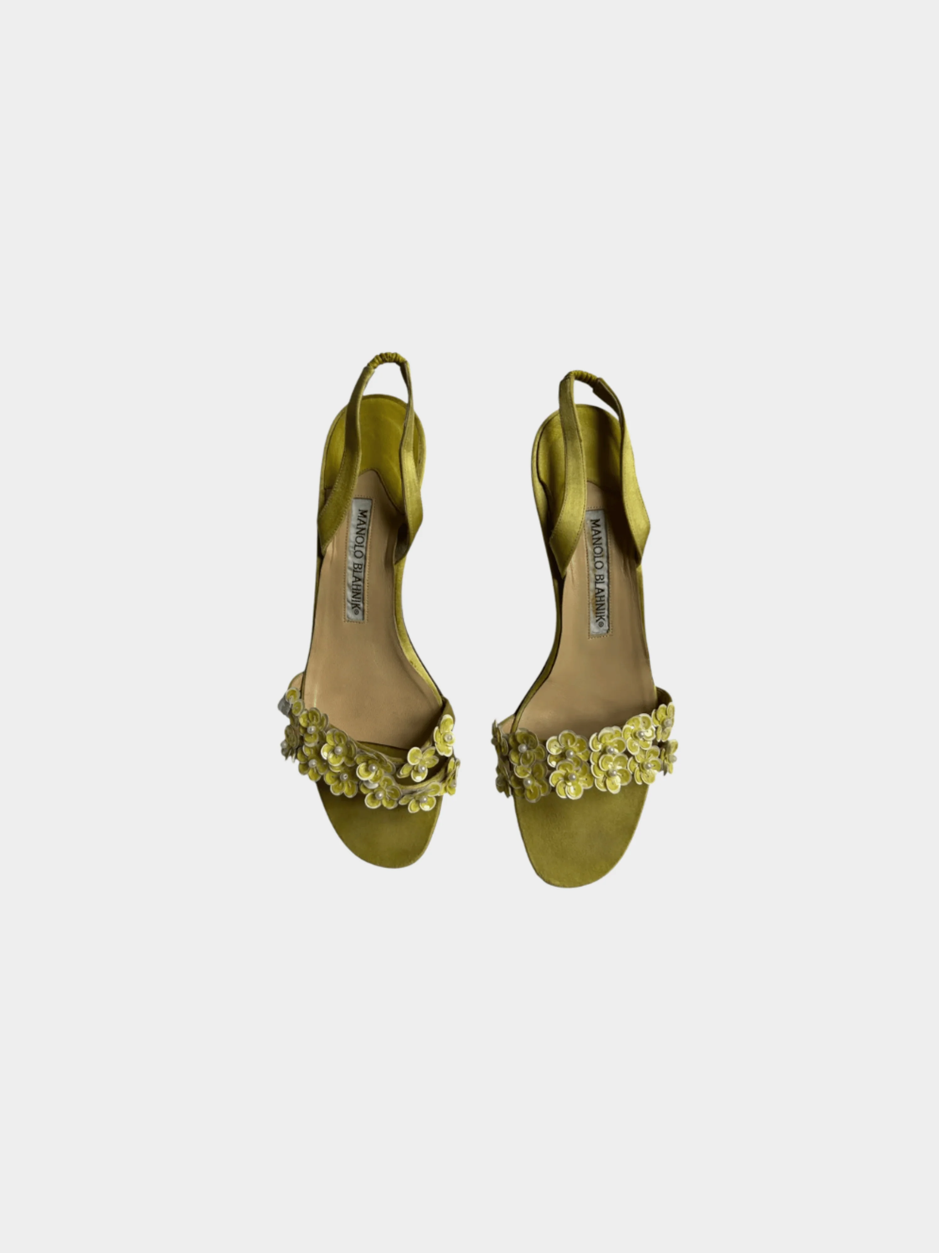 Manolo Blahnik 2000s Satin Lime Floral Slingback Heels - Image 2