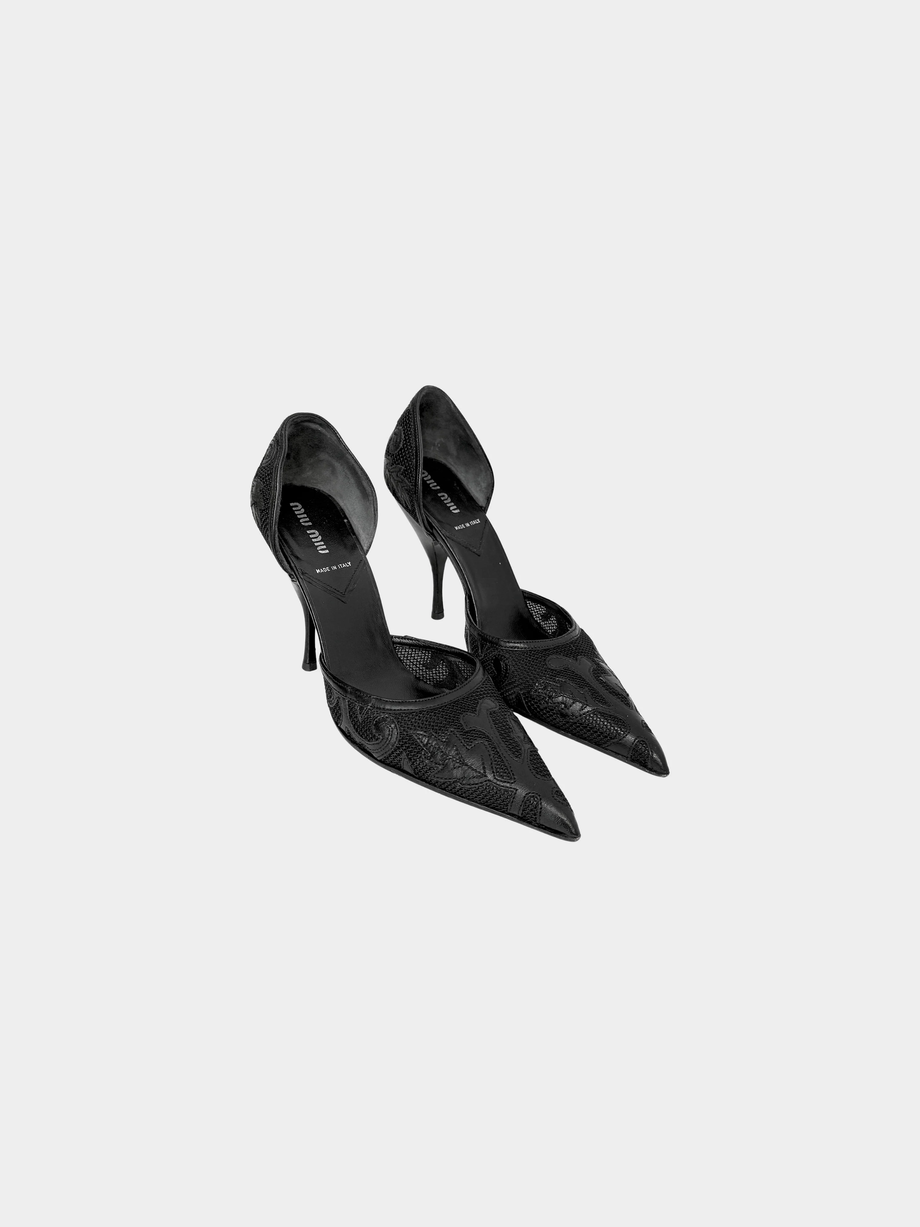 Miu Miu 2000s Black Leather and Mesh D'Orsay Pumps - Image 2
