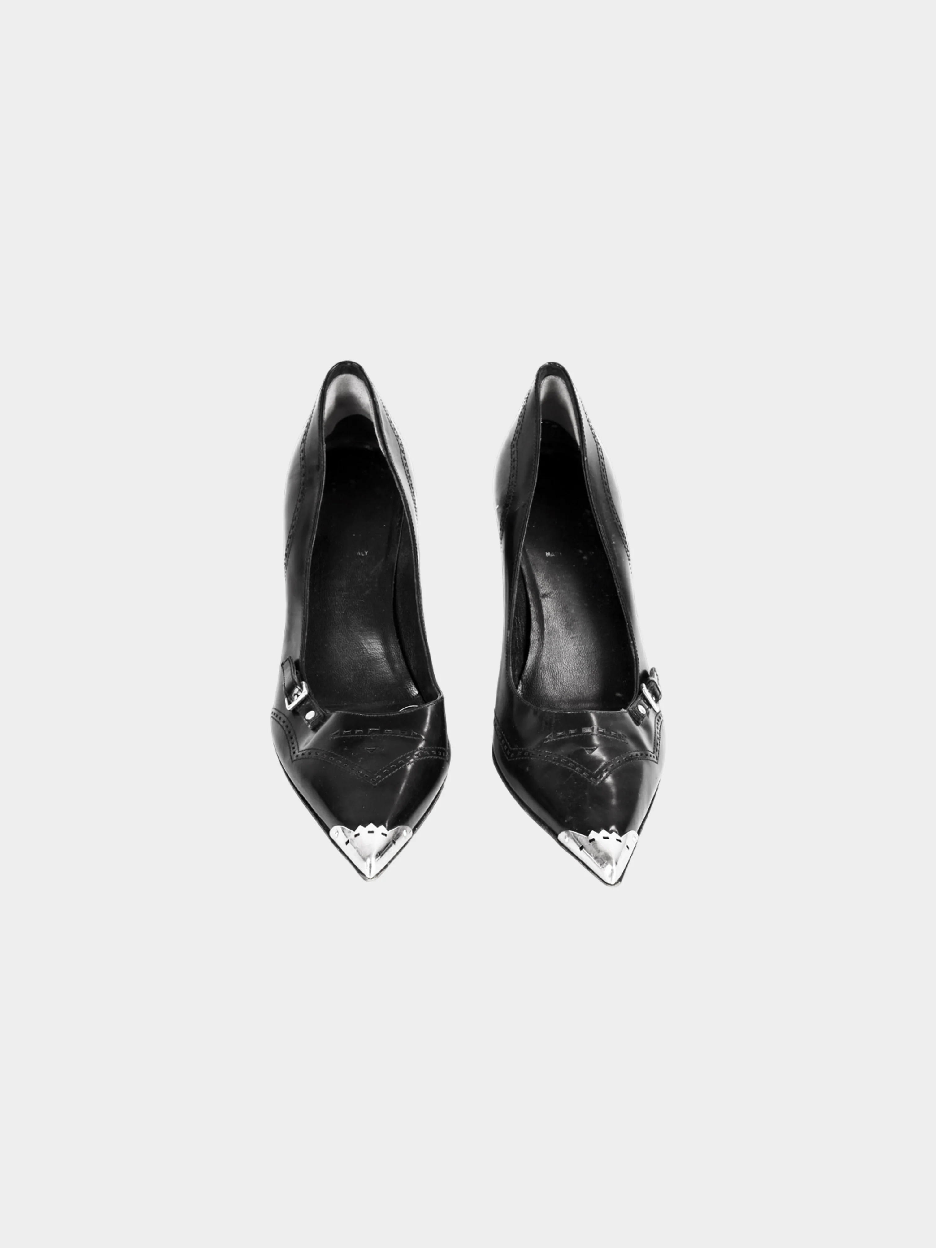 Miu Miu 2000s Black Leather Pointed Pumps with Metal Details - Image 3