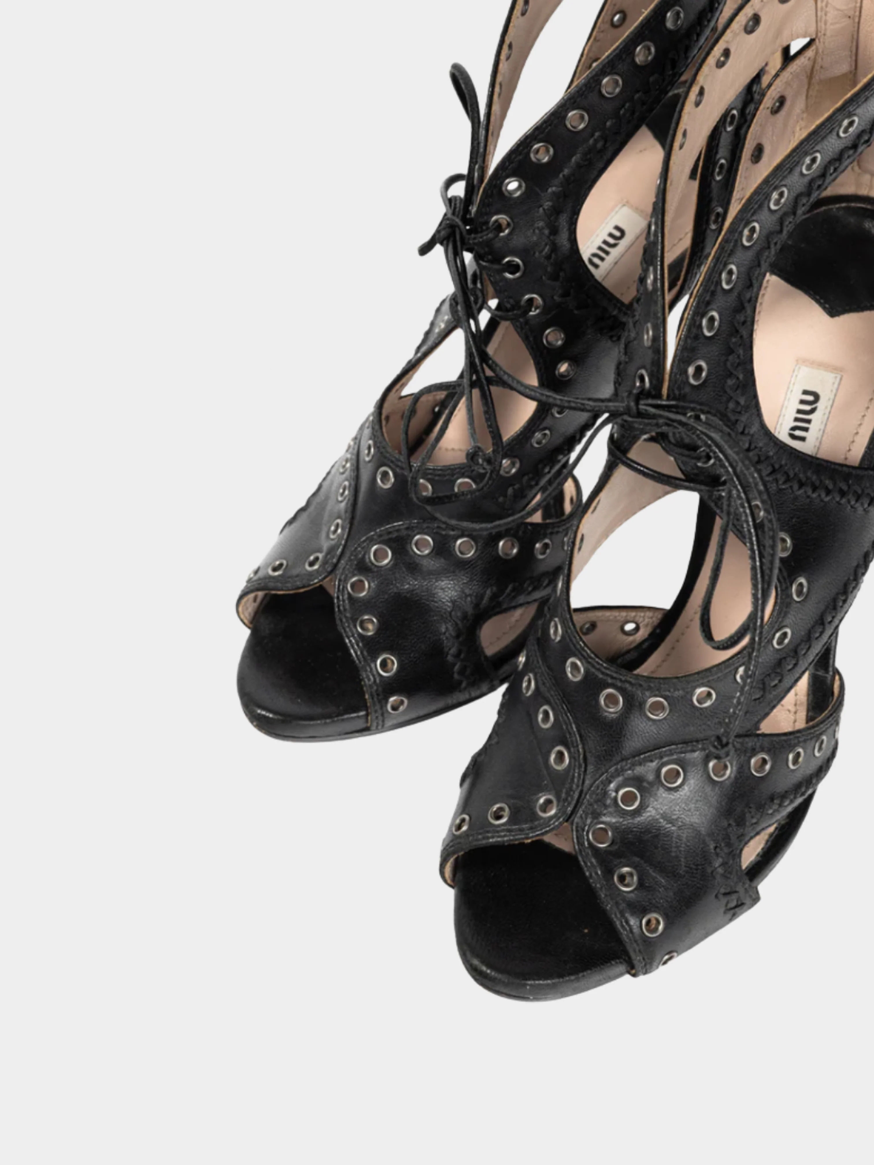 Miu Miu 2013 Black Leather Grommet Lace-Up Sandals - Image 4