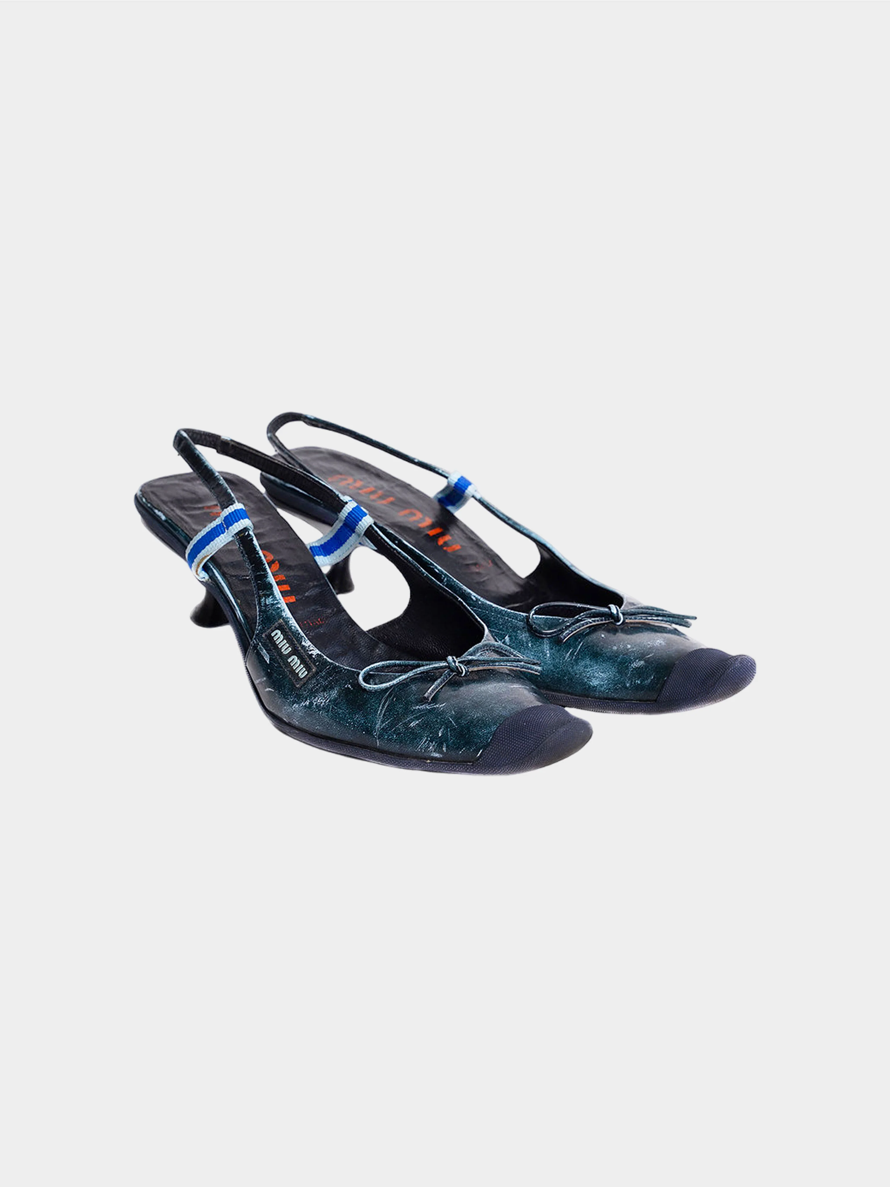 Miu Miu SS 2000 Rare Blue "Distressed Leather" Bow Heels - Image 2