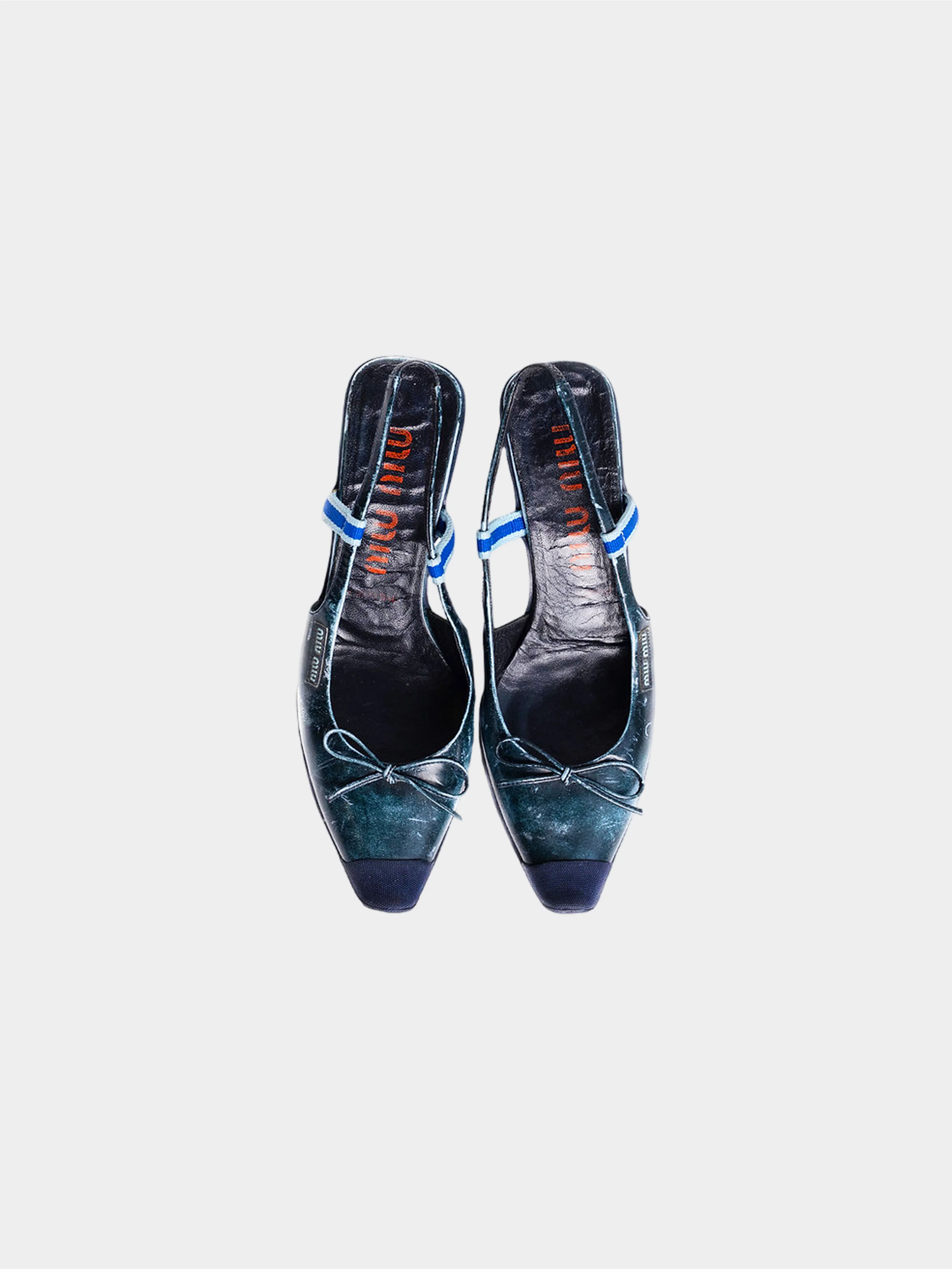 Miu Miu SS 2000 Rare Blue "Distressed Leather" Bow Heels - Image 3