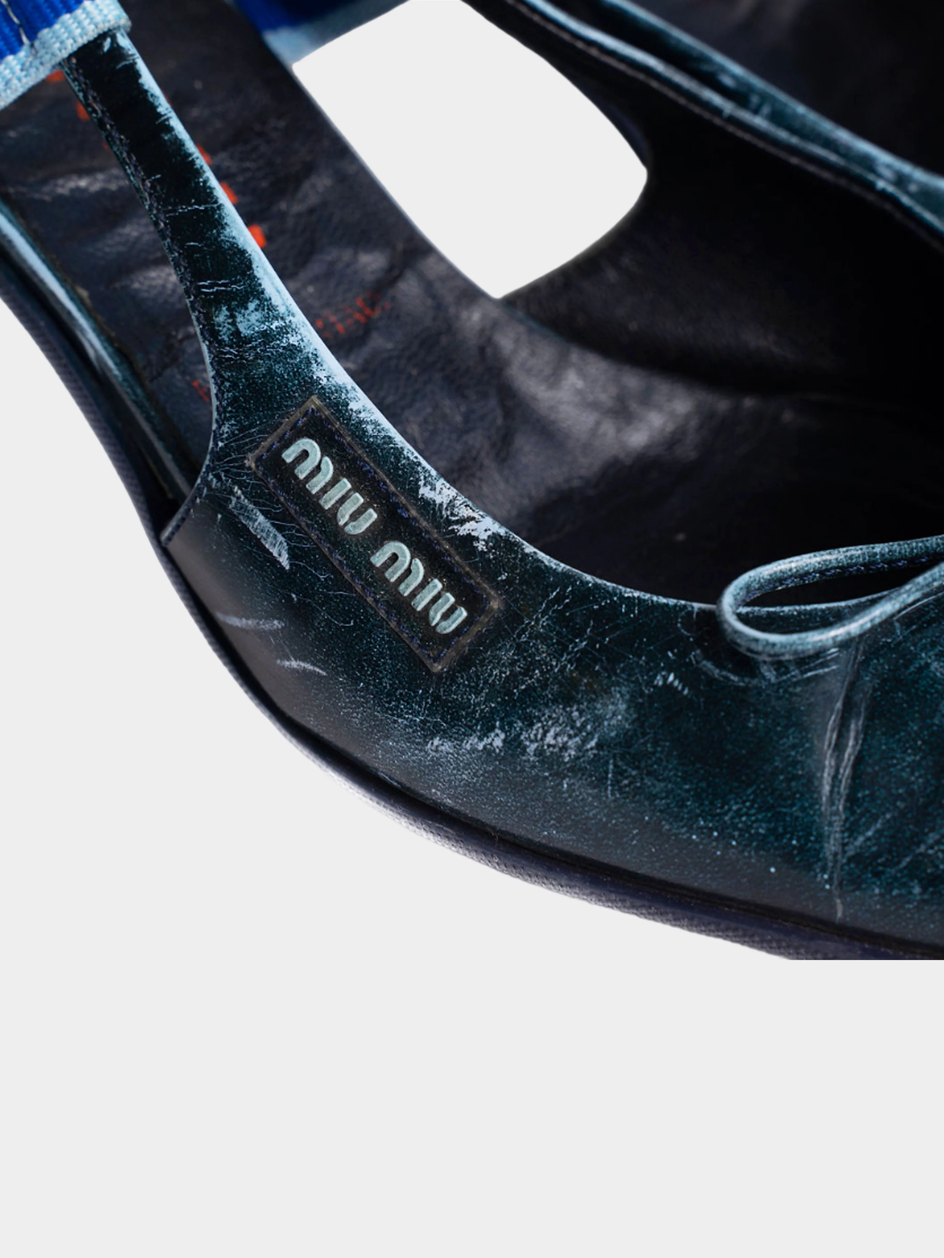 Miu Miu SS 2000 Rare Blue "Distressed Leather" Bow Heels - Image 5