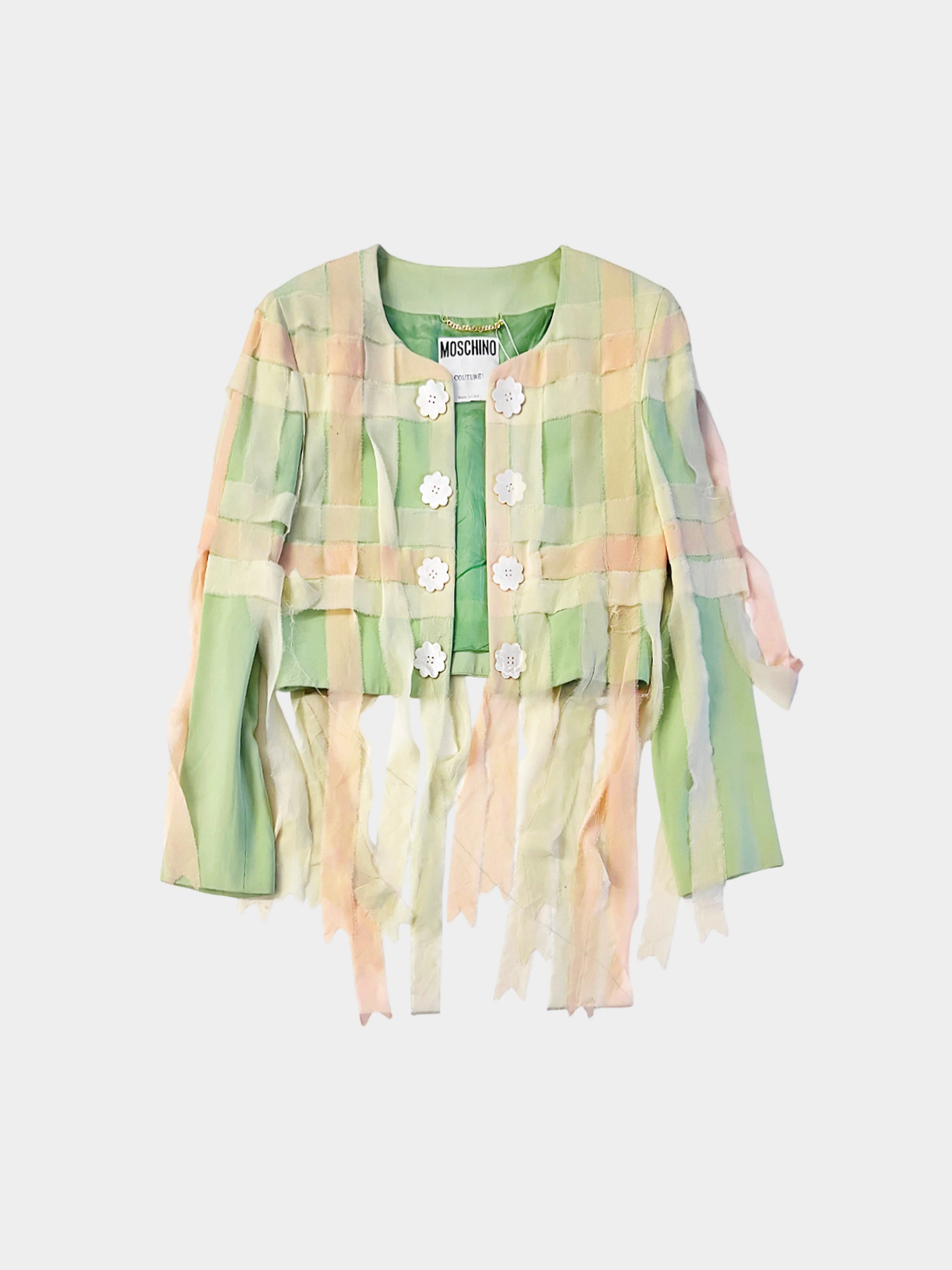 Moschino 1990s Couture Green and Peach Chiffon Woven Raw-edge Cropped Jacket