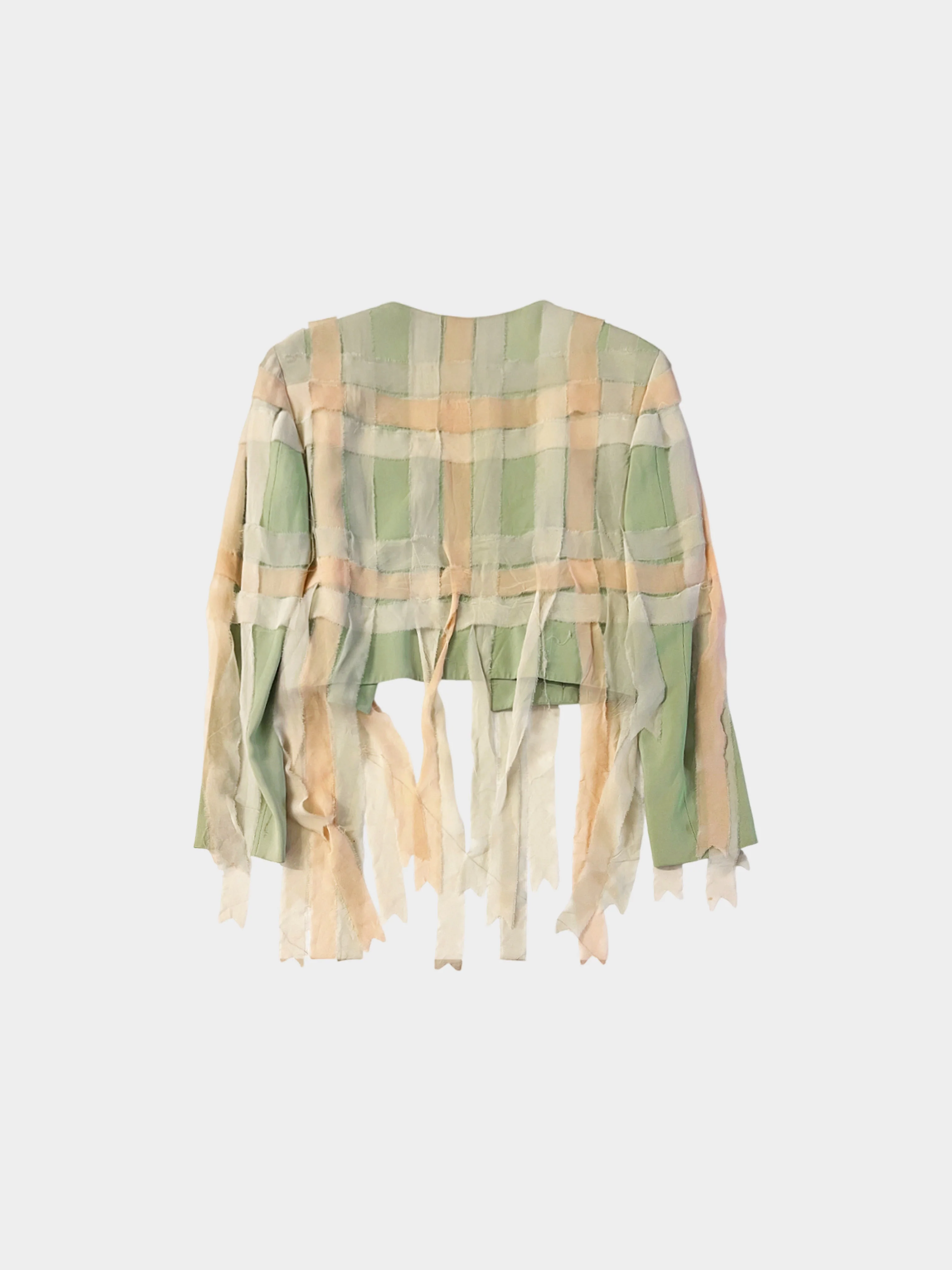 Moschino 1990s Couture Green and Peach Chiffon Woven Raw-edge Cropped Jacket - Image 2