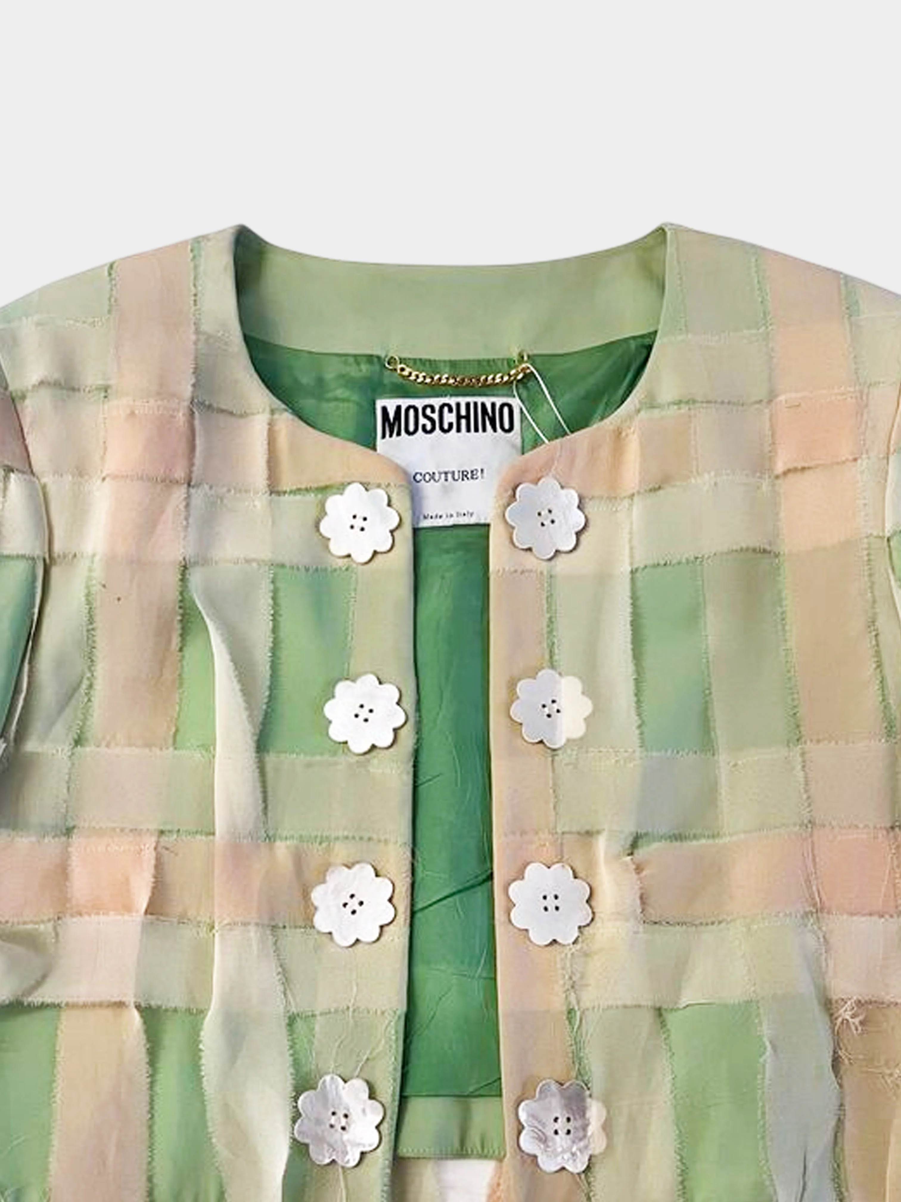 Moschino 1990s Couture Green and Peach Chiffon Woven Raw-edge Cropped Jacket - Image 3