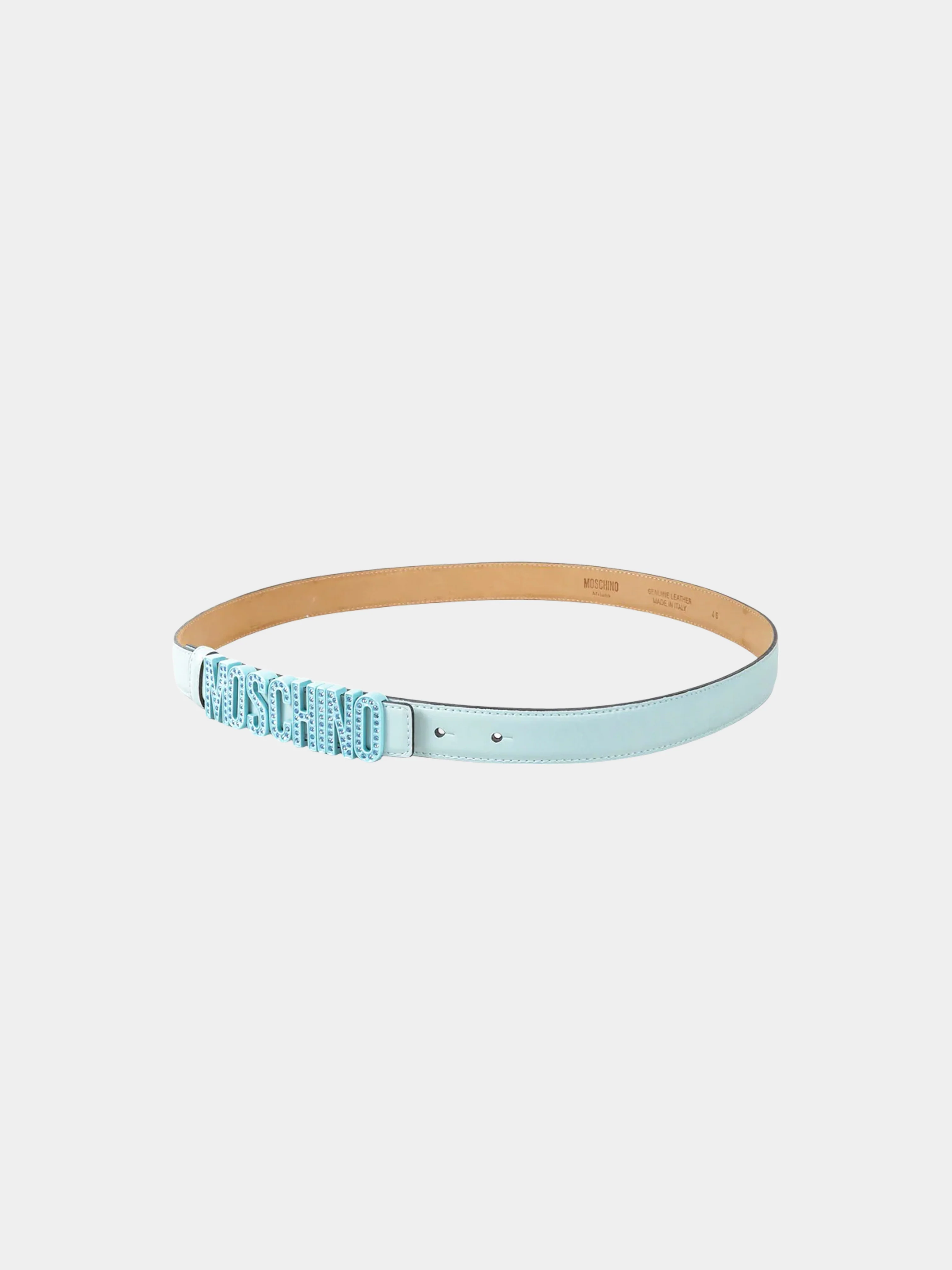 Moschino 2020s Light Blue Calfskin Leather Crystal Embellished Logo Belt - Image 3