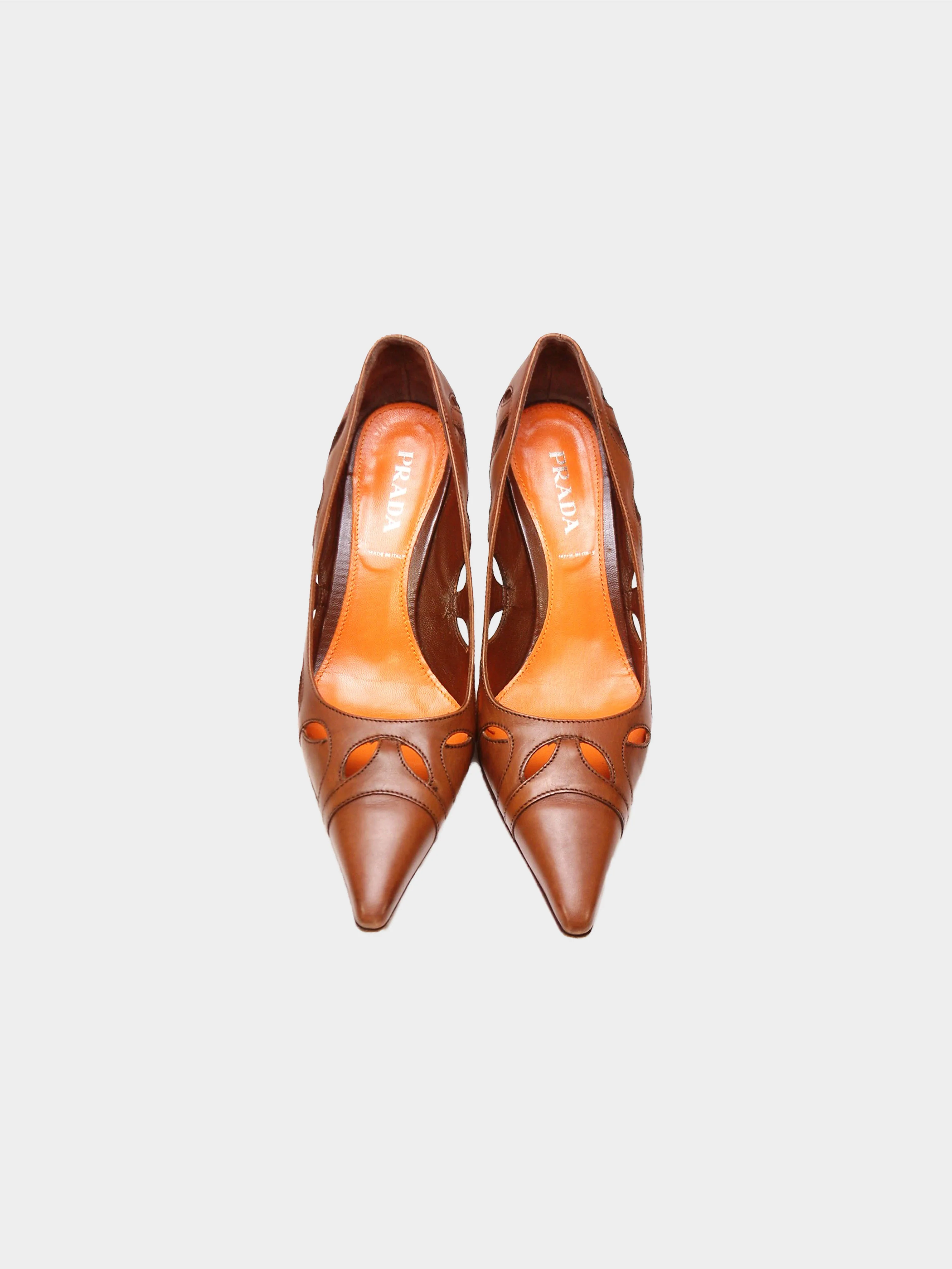 Prada 1990s Brown Leather Cutout Pumps - Image 2
