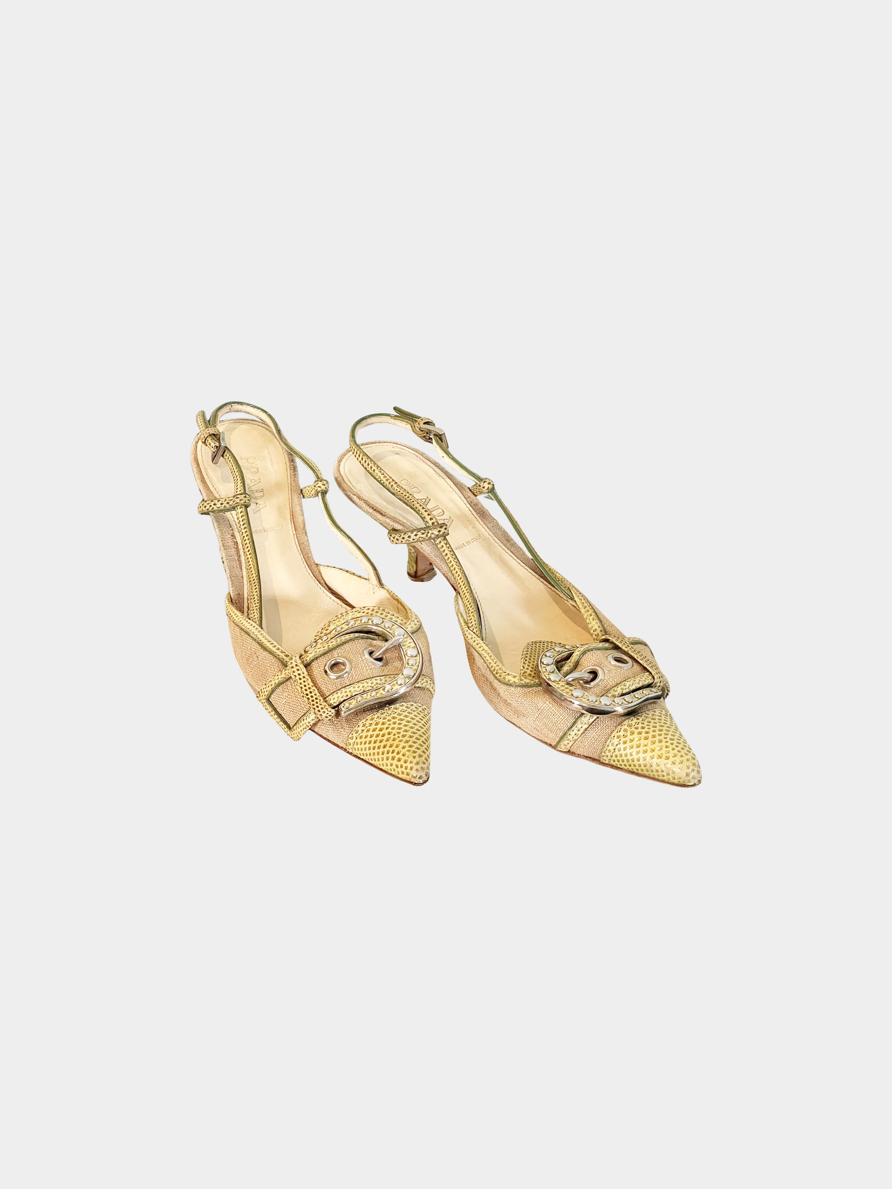 Prada 1990s Green Lizard Leather and Jute Buckle Slingback Heels - Image 3