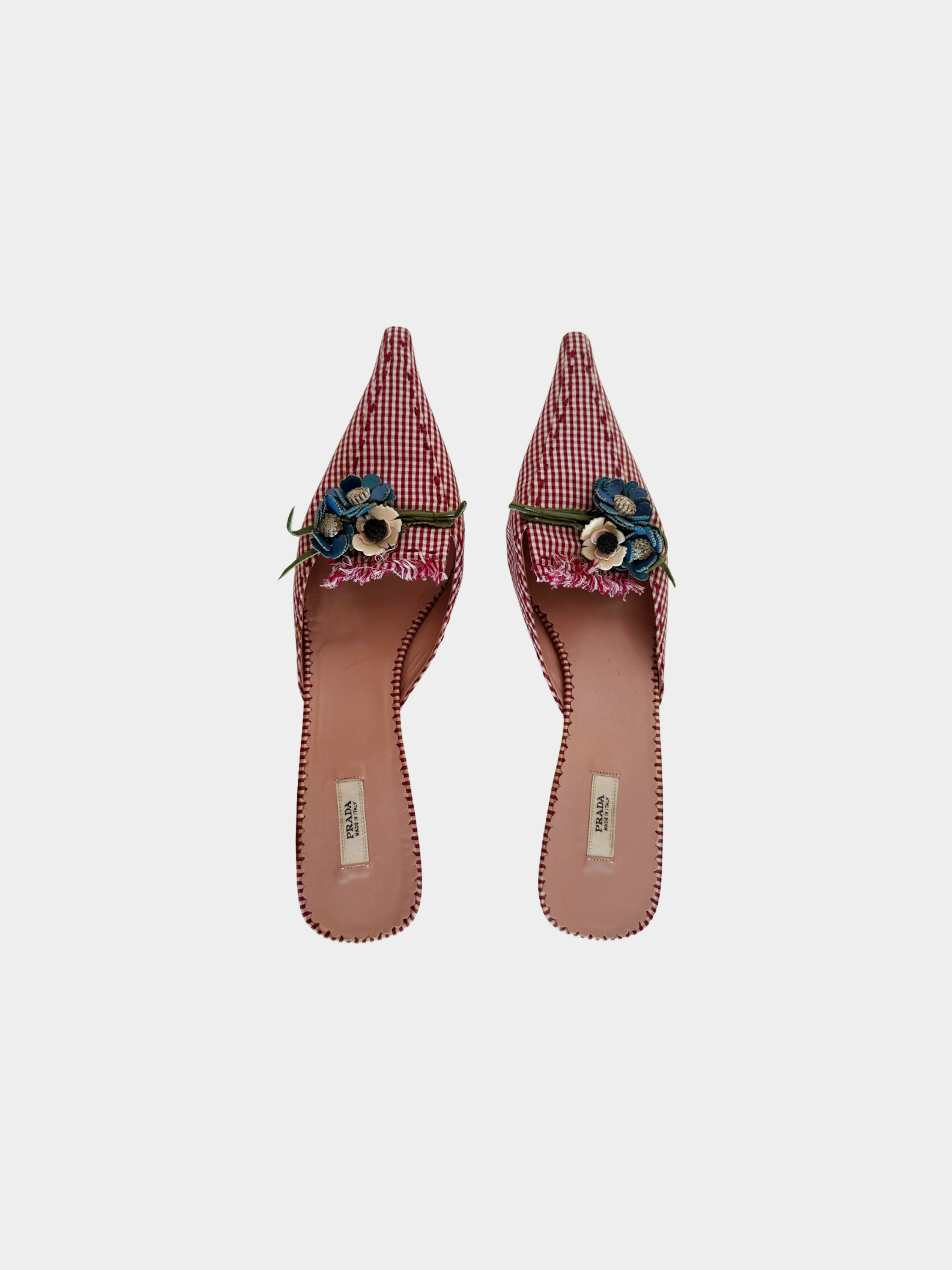Prada 1990s Red Gingham Print Pointed Toe Mules - Image 2