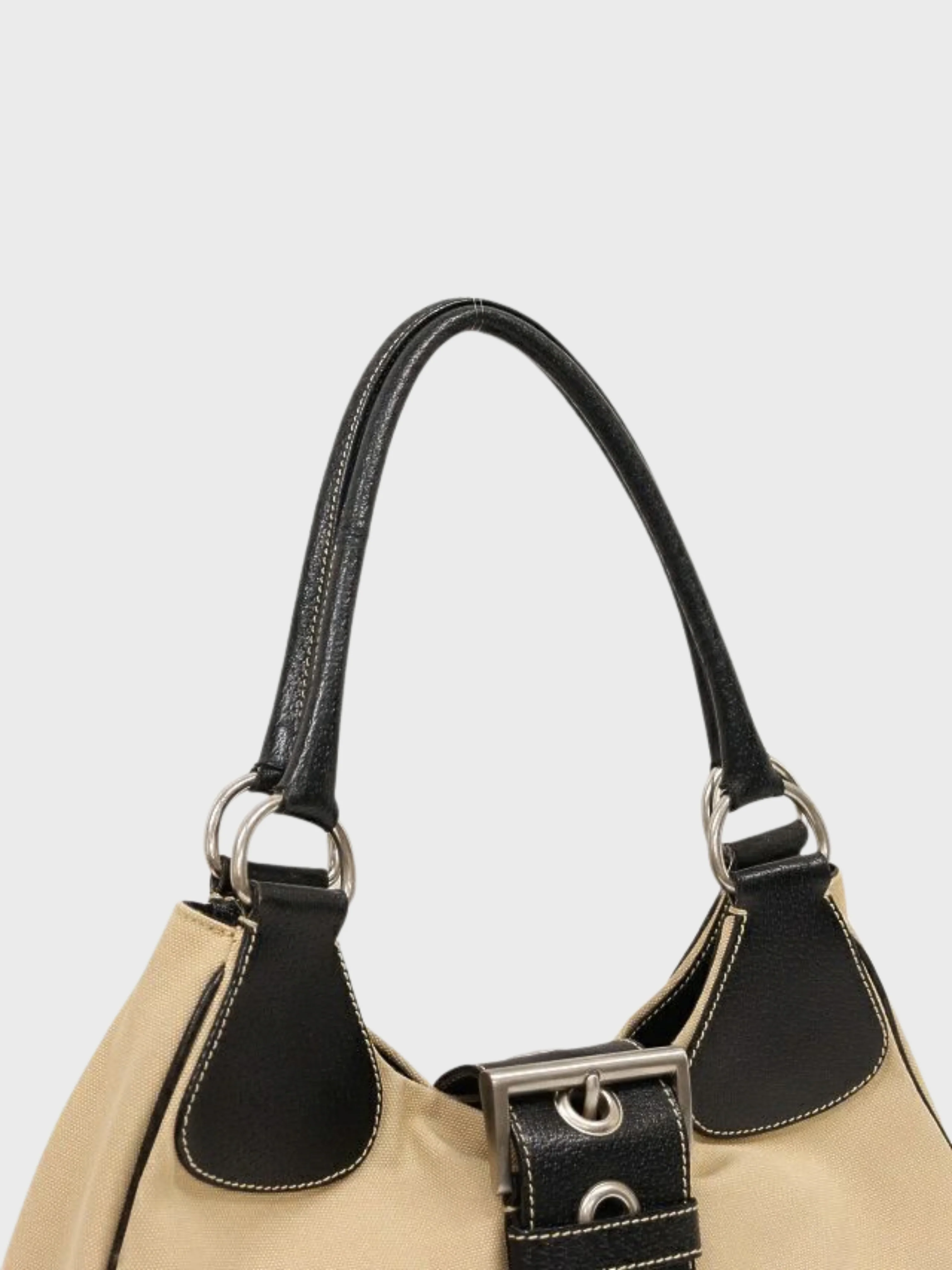 Prada 2000s Beige Black Triangle Logo Canvas Leather Handbag - Image 7
