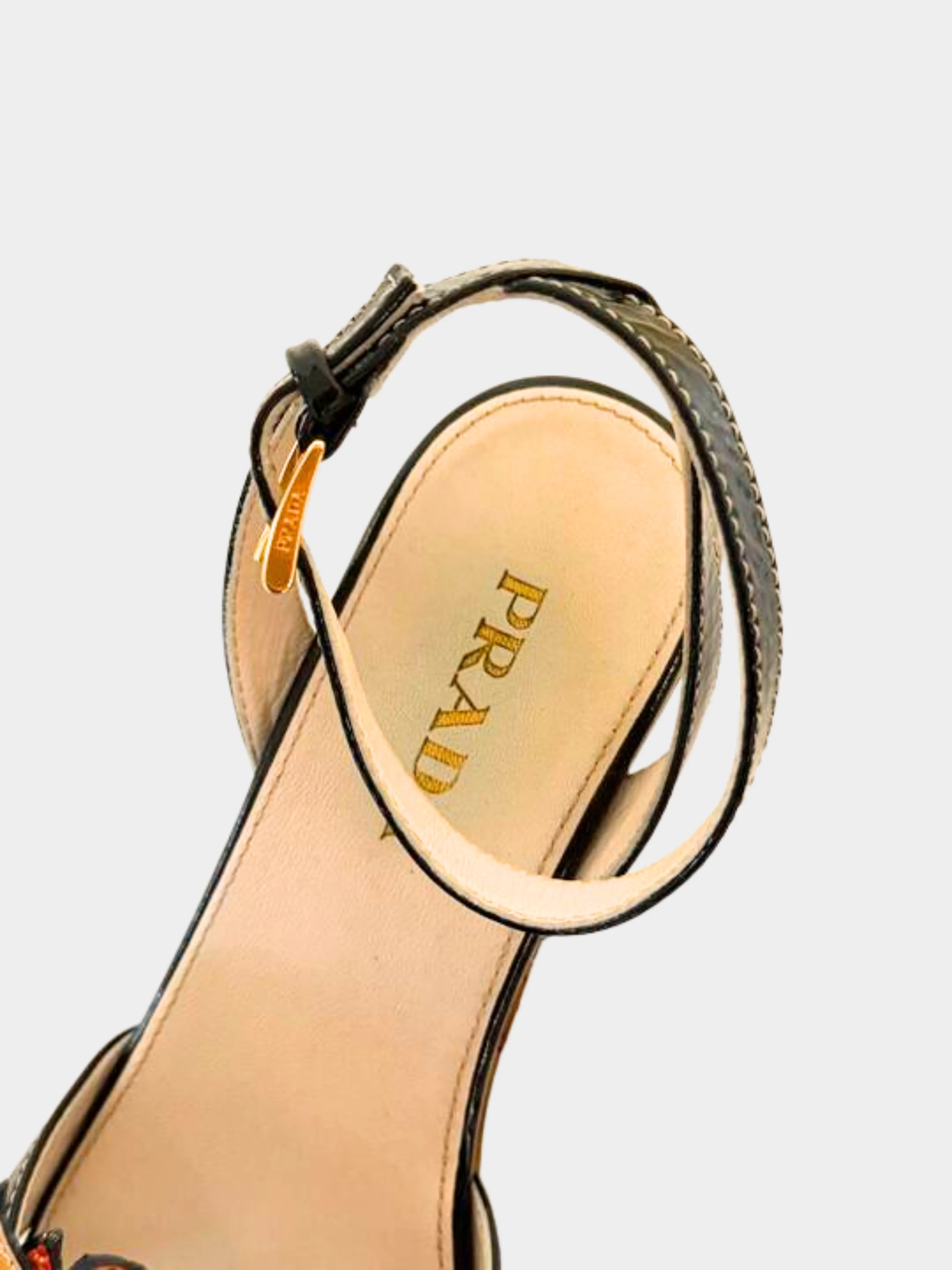Prada 2000s Black Multicolour Paten Leather Flower Cork Wedge Heels - Image 3