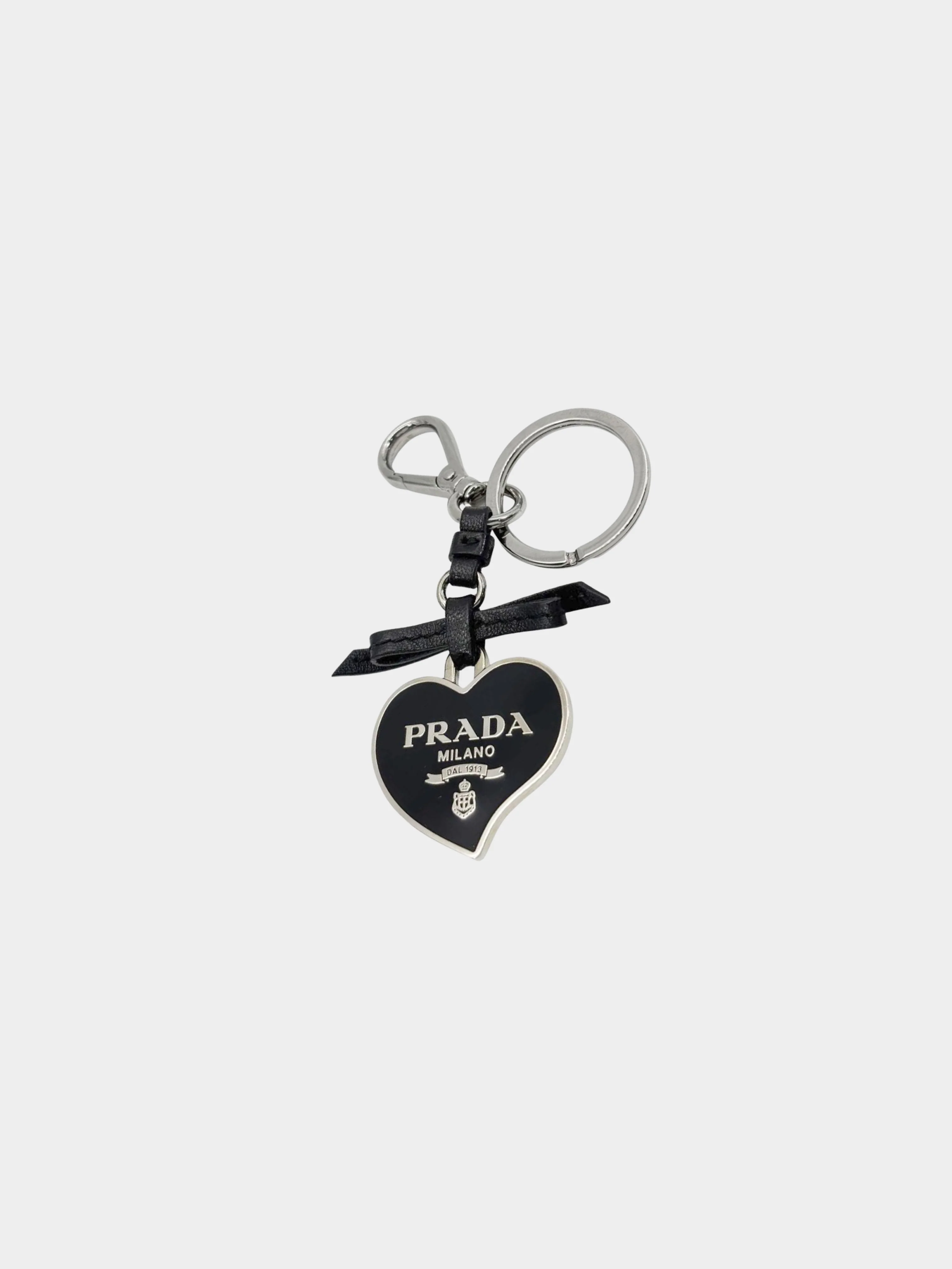 Prada 2000s Black Heart Shaped Logo Plaque with Silver Hardware Keychain