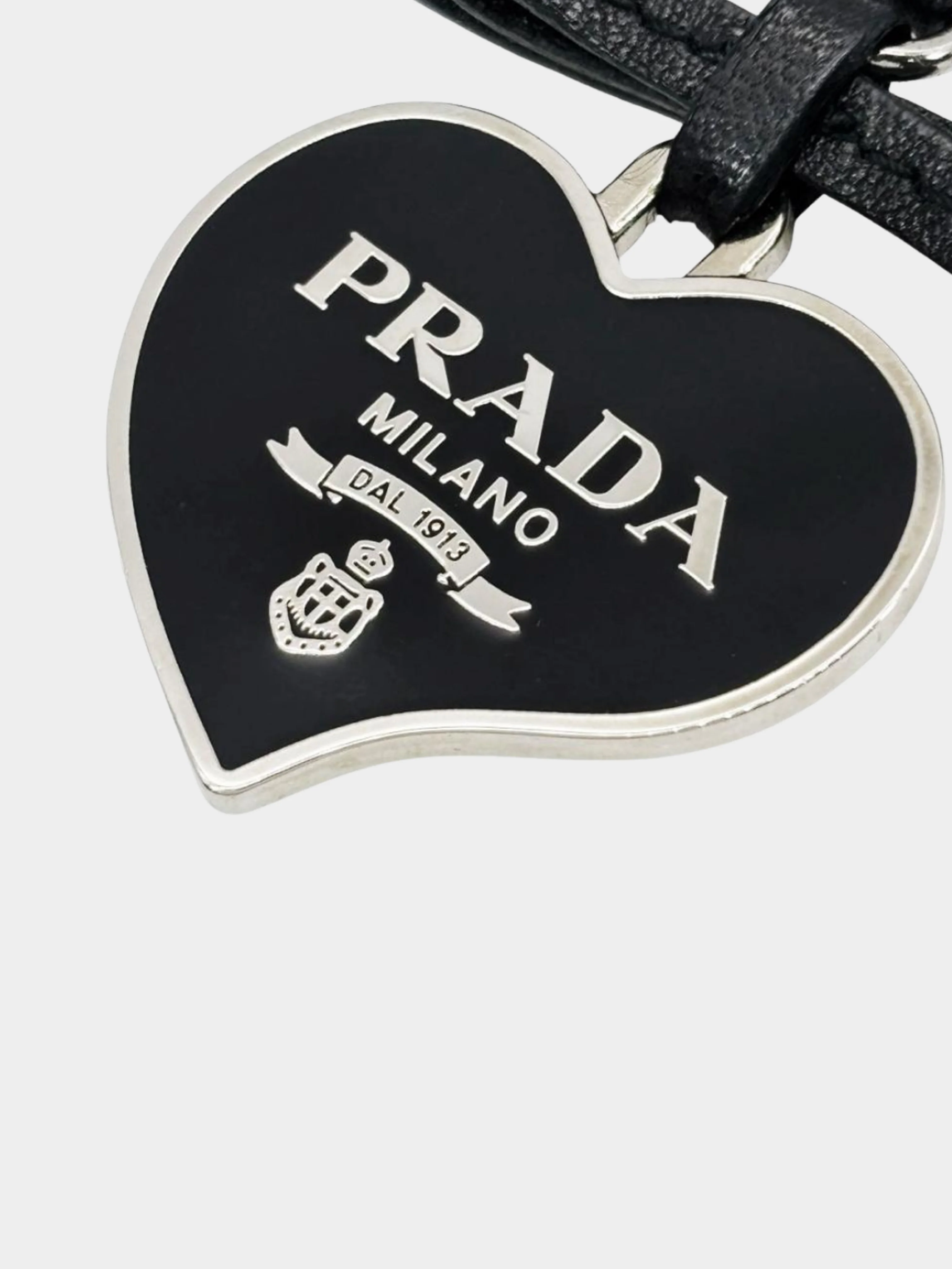 Prada 2000s Black Heart Shaped Logo Plaque with Silver Hardware Keychain - Image 3