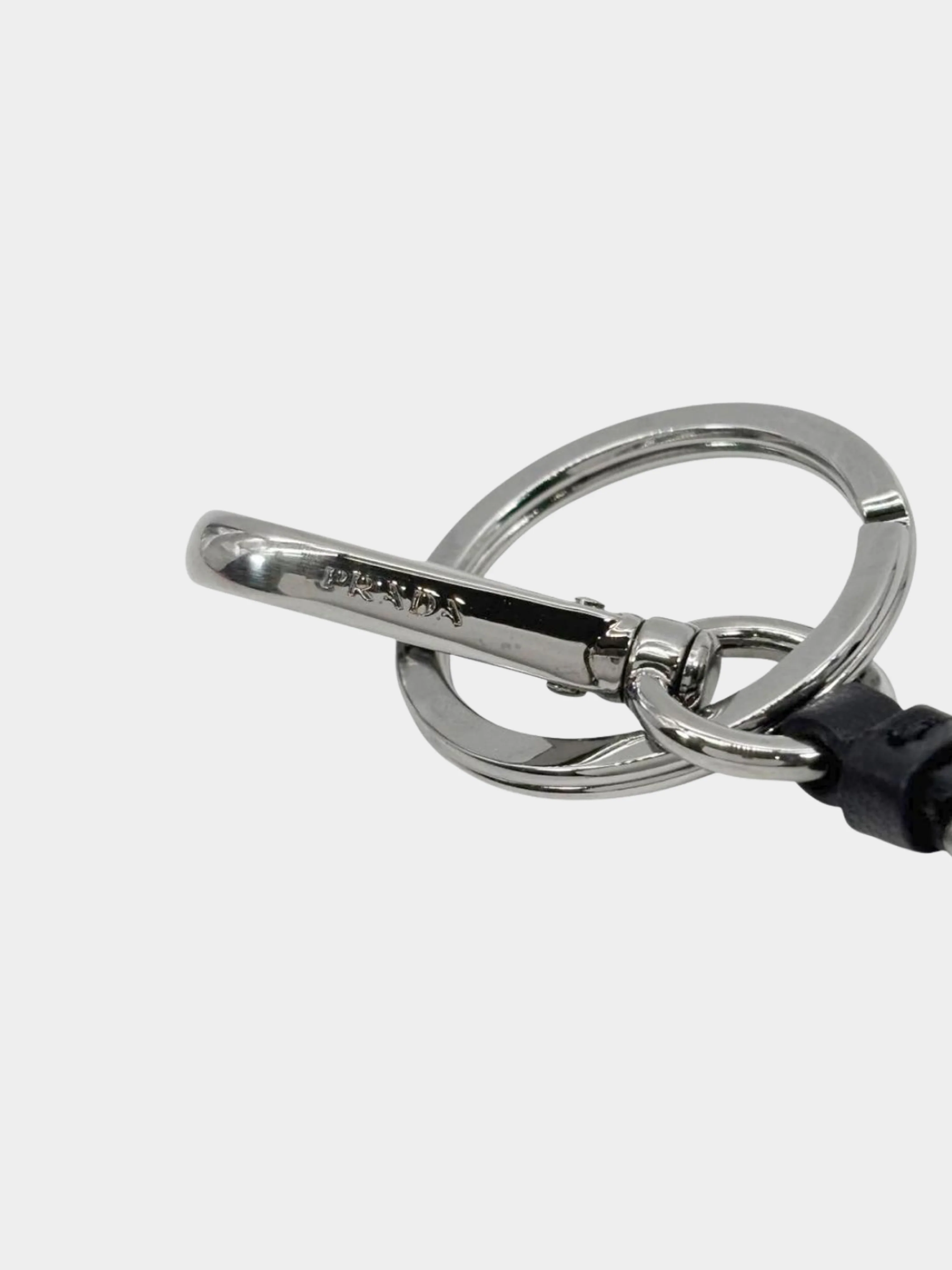 Prada 2000s Black Heart Shaped Logo Plaque with Silver Hardware Keychain - Image 4