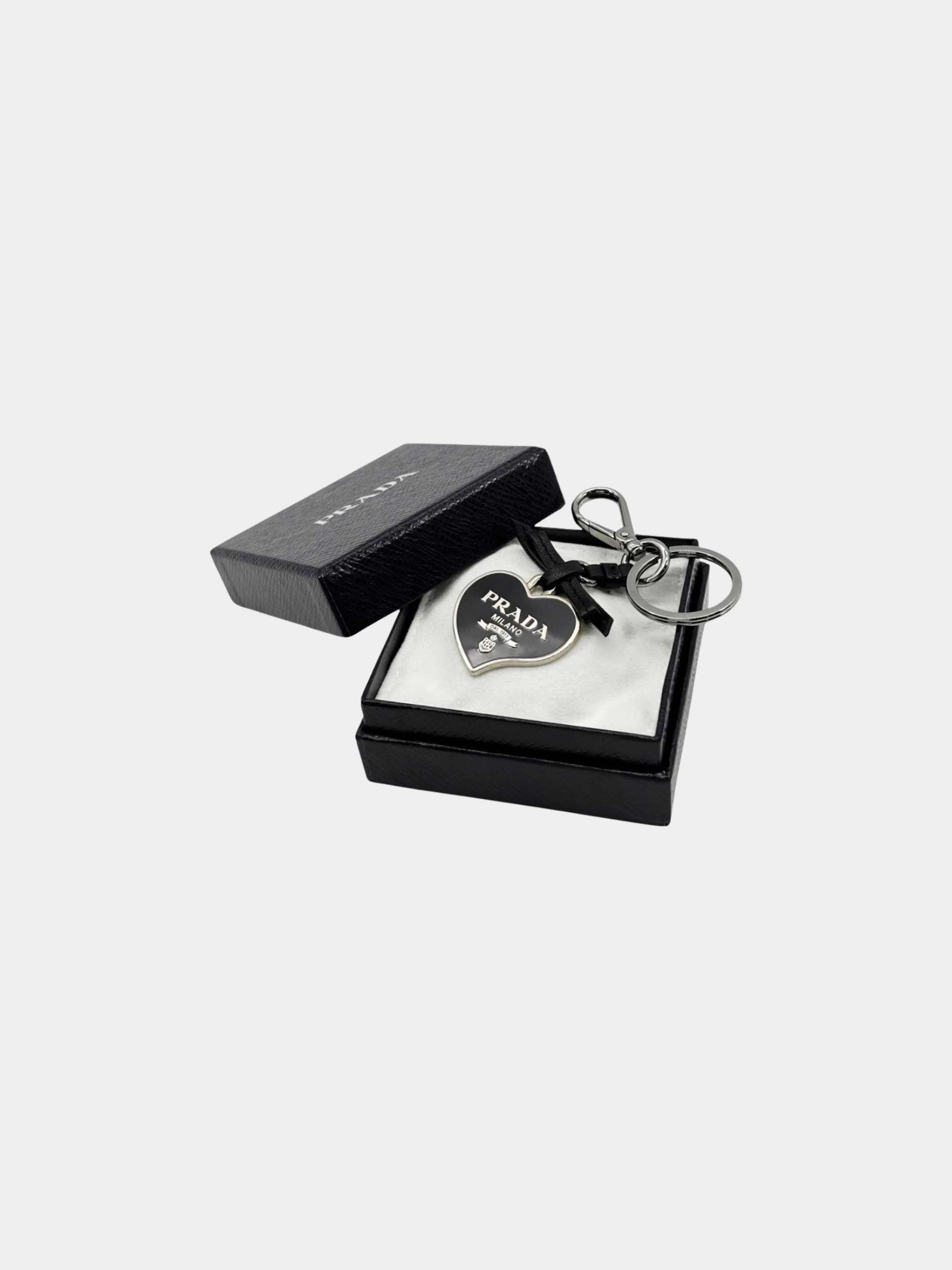 Prada 2000s Black Heart Shaped Logo Plaque with Silver Hardware Keychain - Image 5