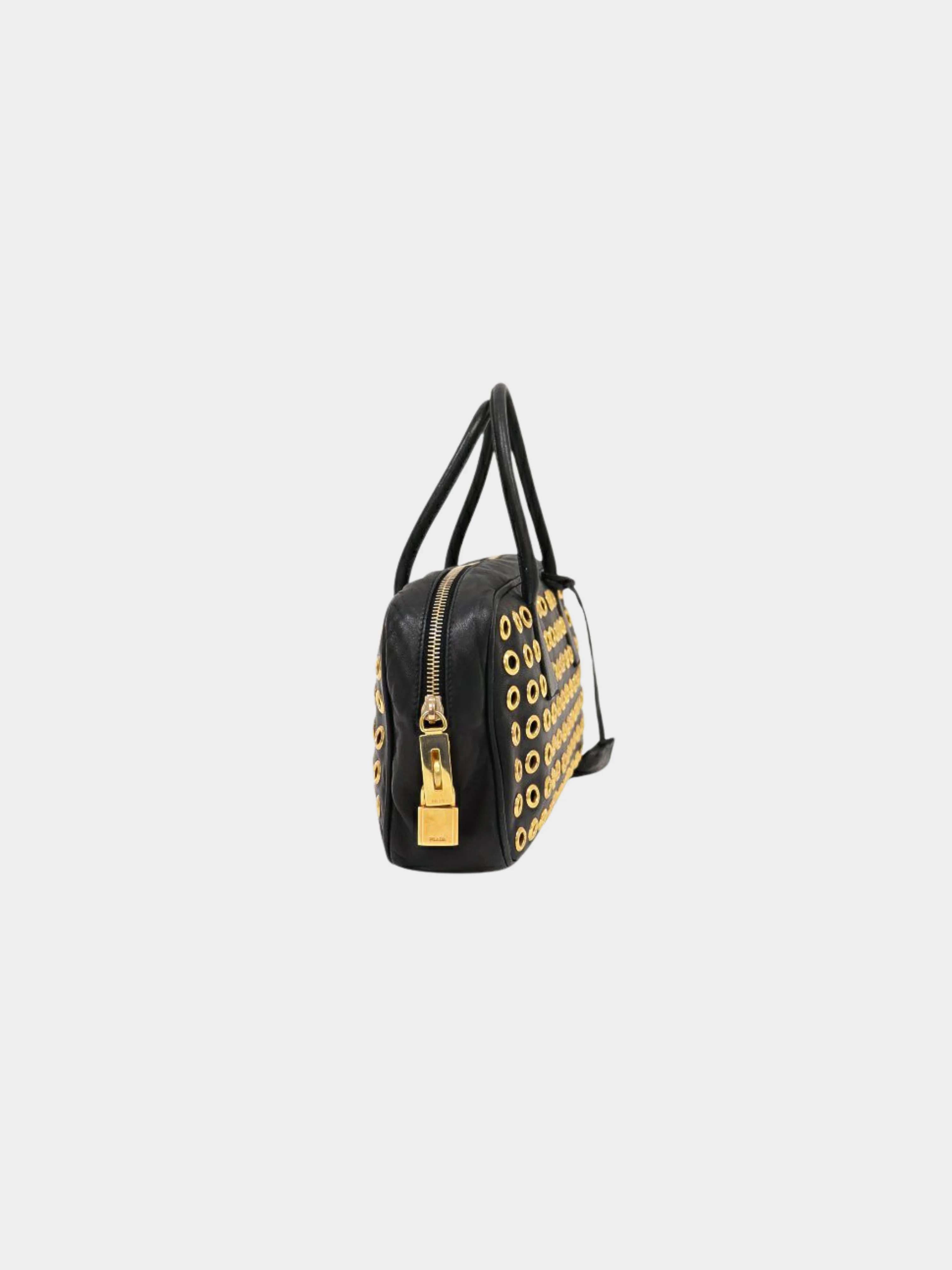 Prada 2000s Black Nappa Grommet Leather Handbag Golden Dark brown - Image 3