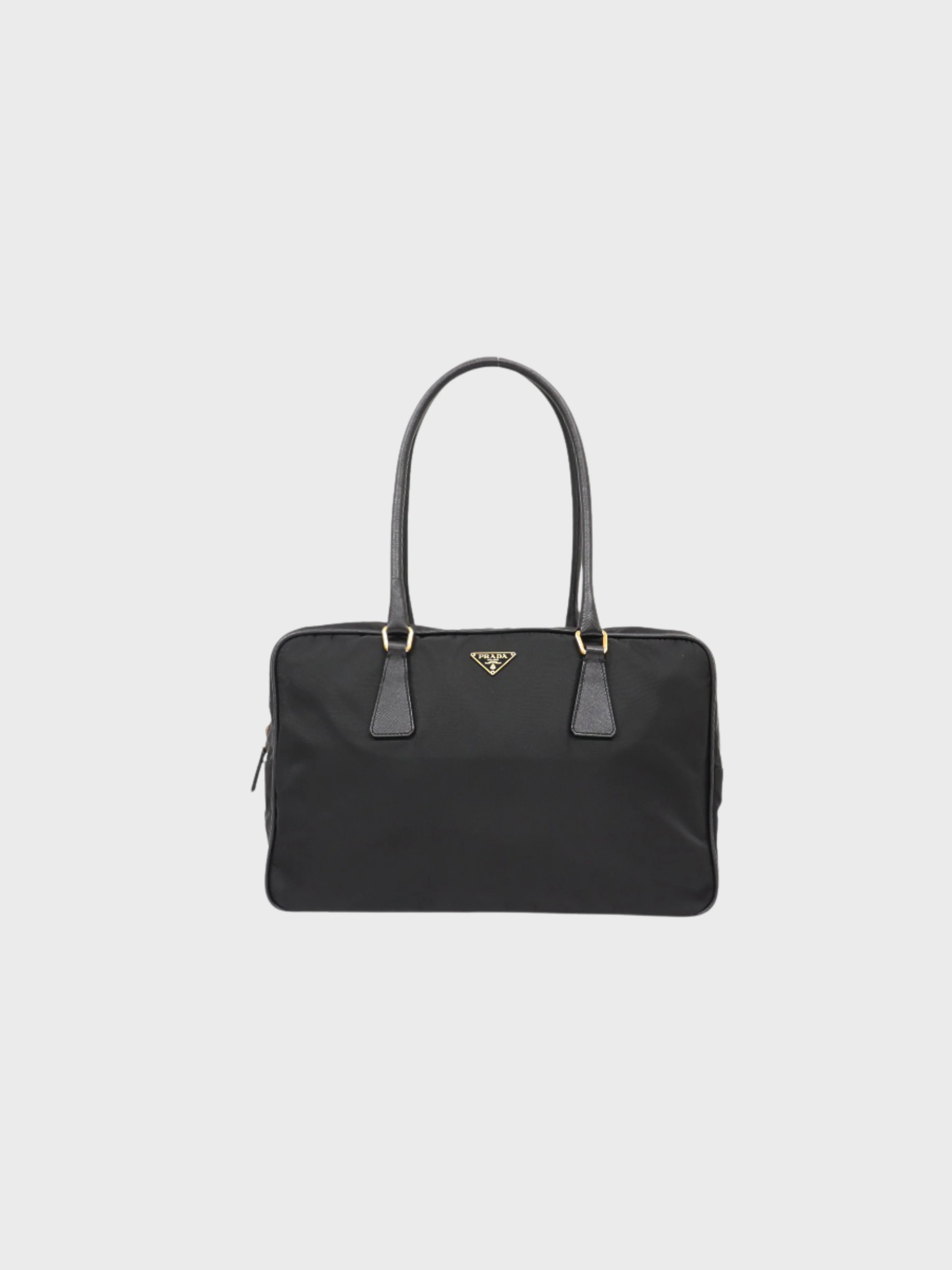 Prada 2000s Black Nylon Leather Triangle Logo Handbag