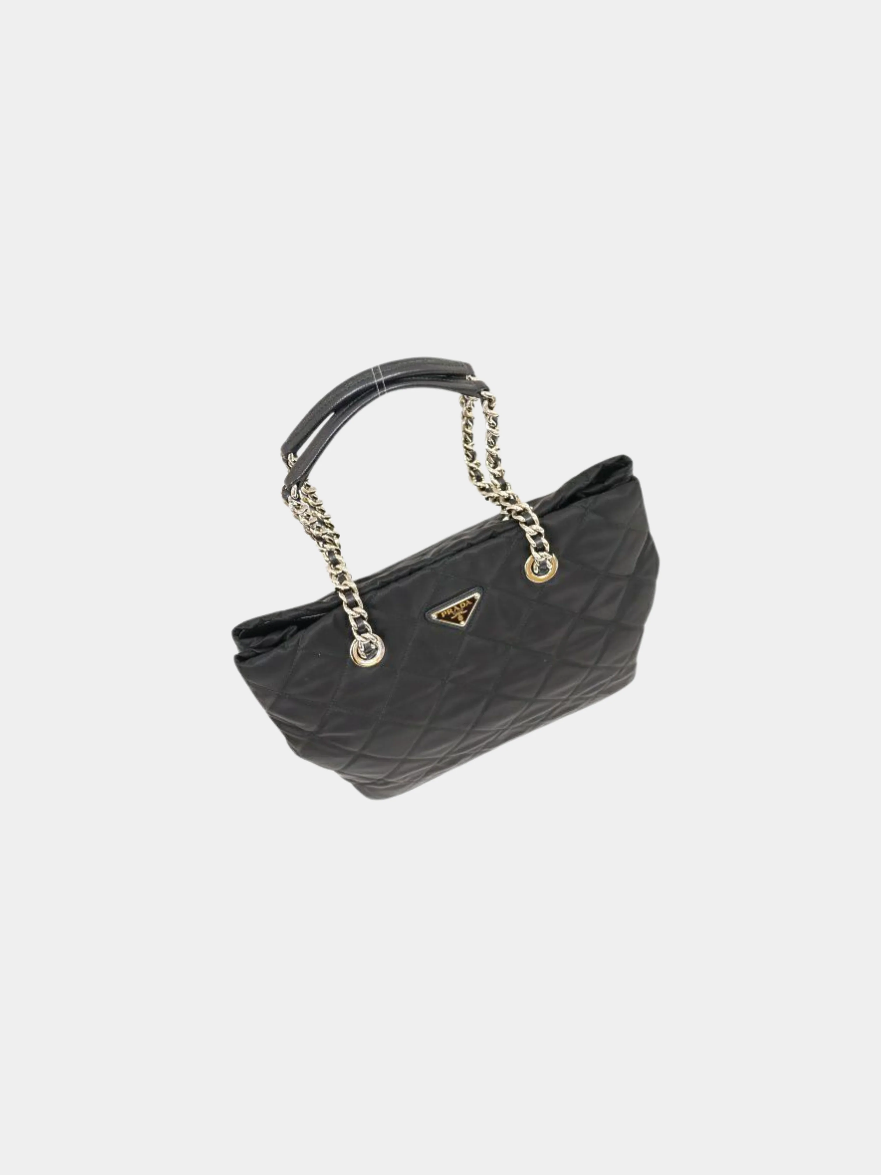 Prada 2000s Black Quilted Nylon Leather Triangle Logo Chain Tote Bag - Image 6
