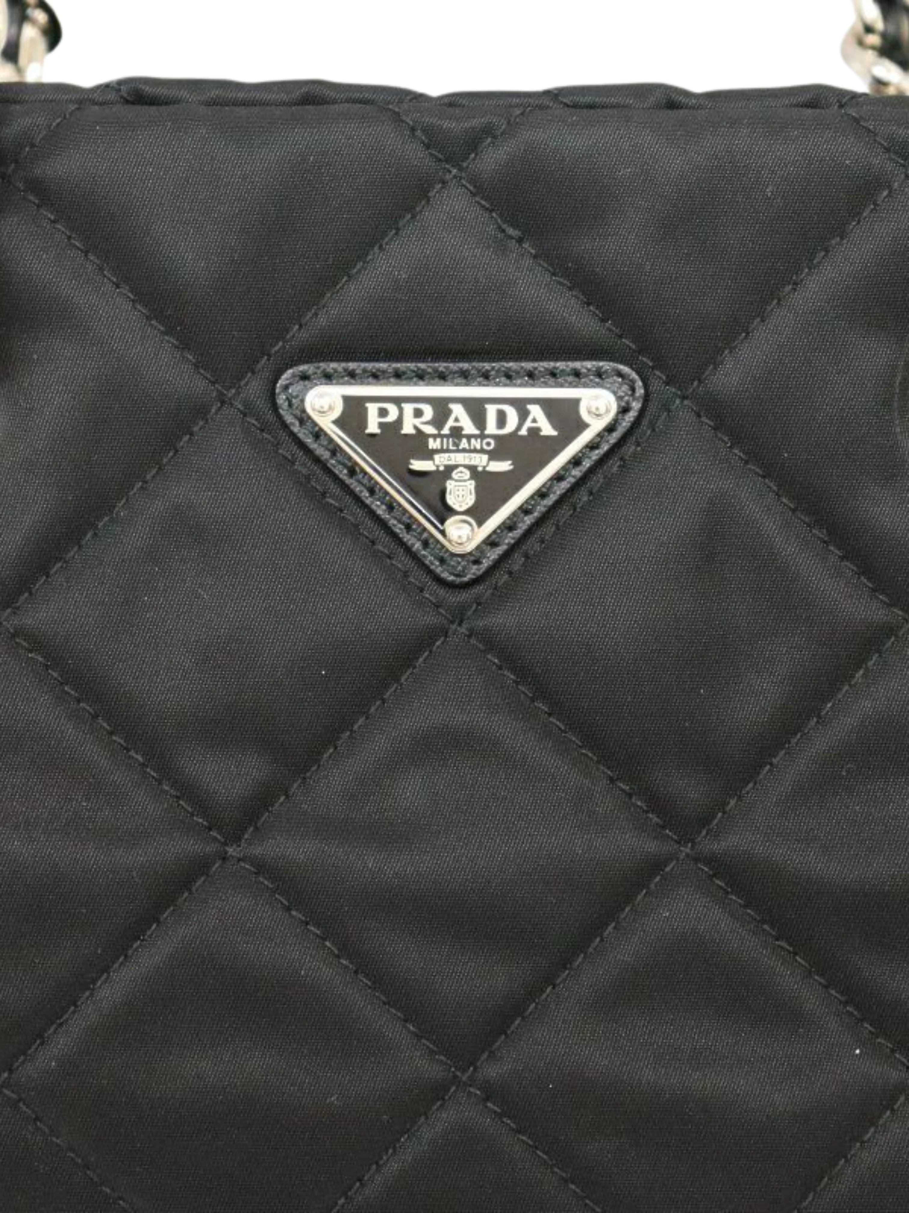 Prada 2000s Black Quilted Nylon Leather Triangle Logo Chain Tote Bag - Image 7