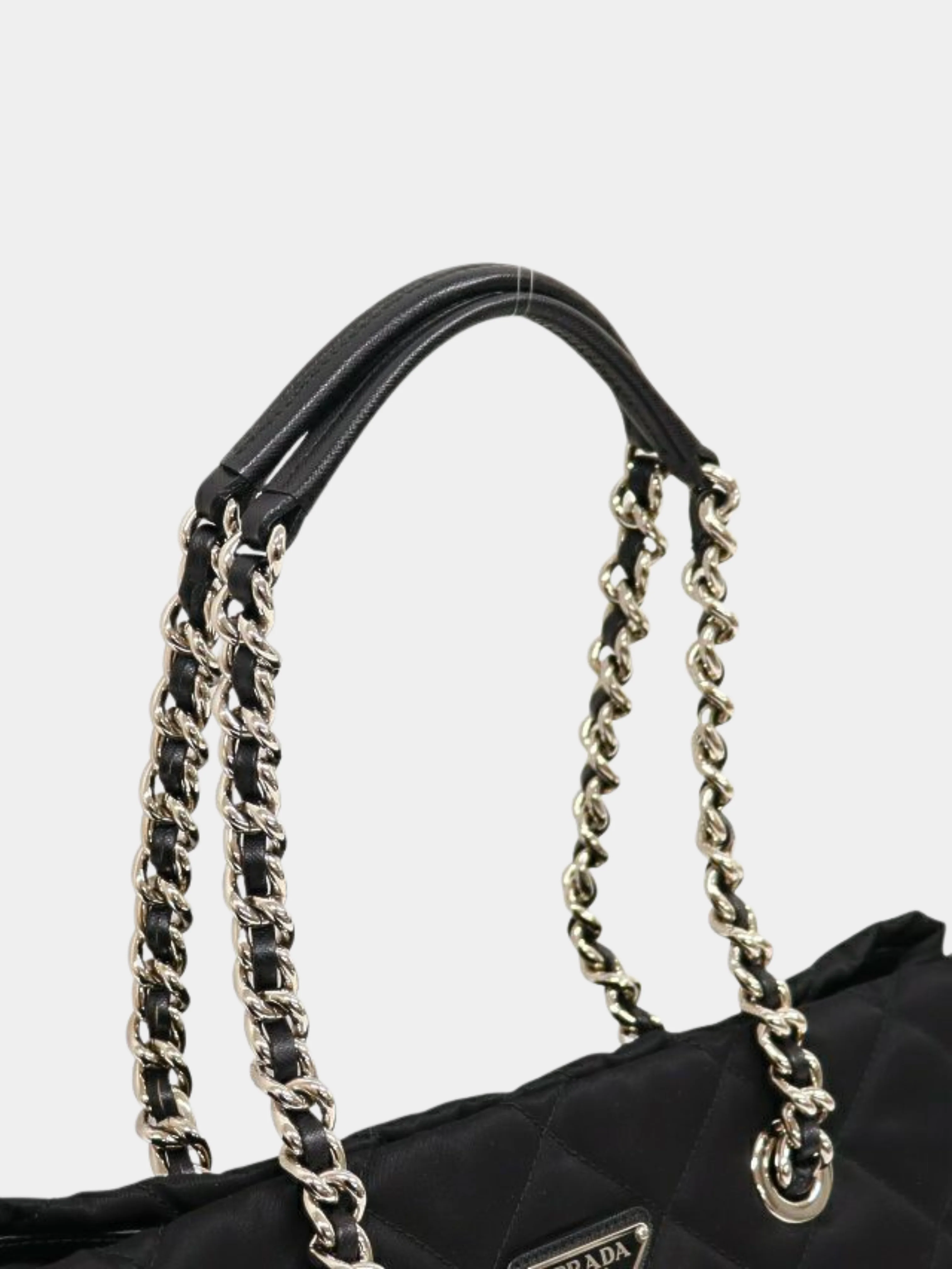 Prada 2000s Black Quilted Nylon Leather Triangle Logo Chain Tote Bag - Image 8