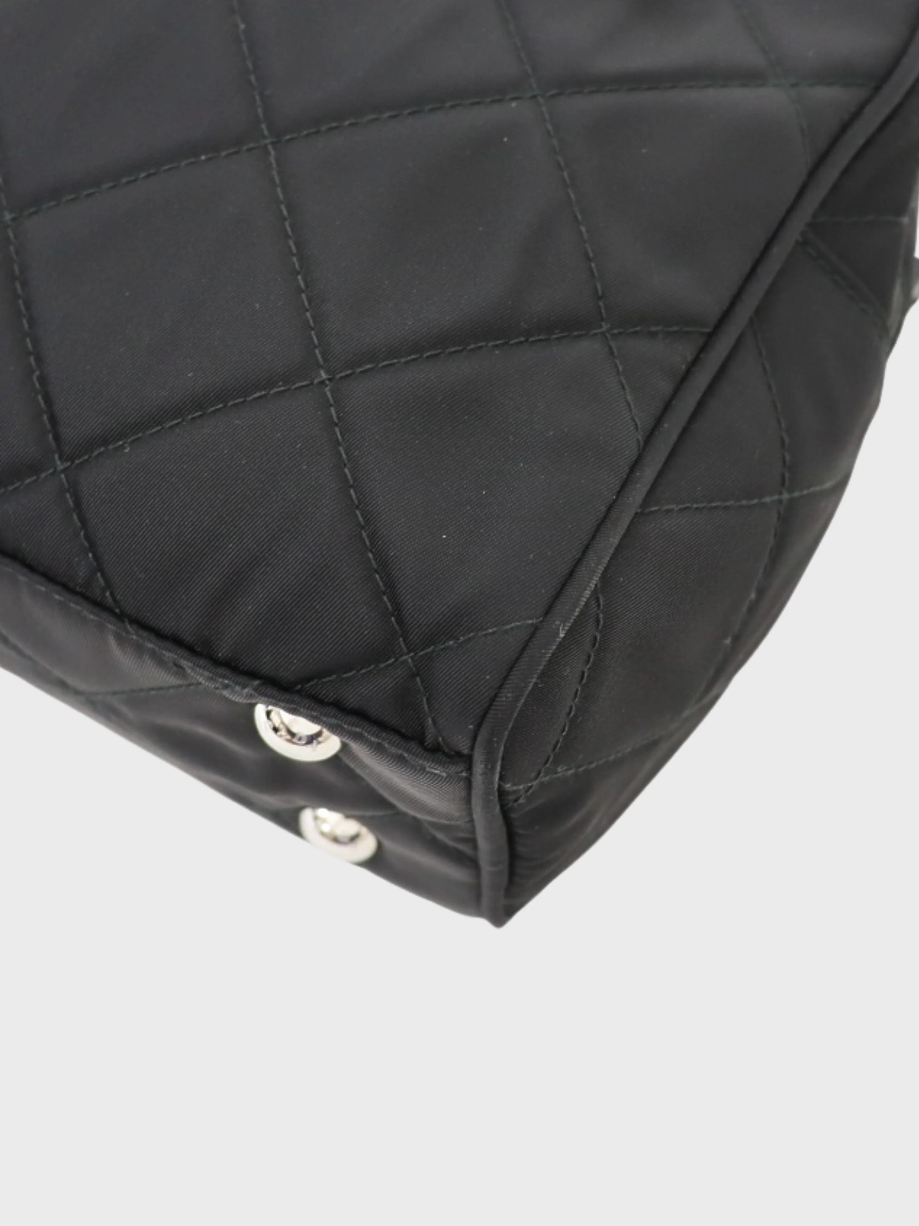Prada 2000s Black Quilted Nylon Leather Triangle Logo Chain Tote Bag - Image 4