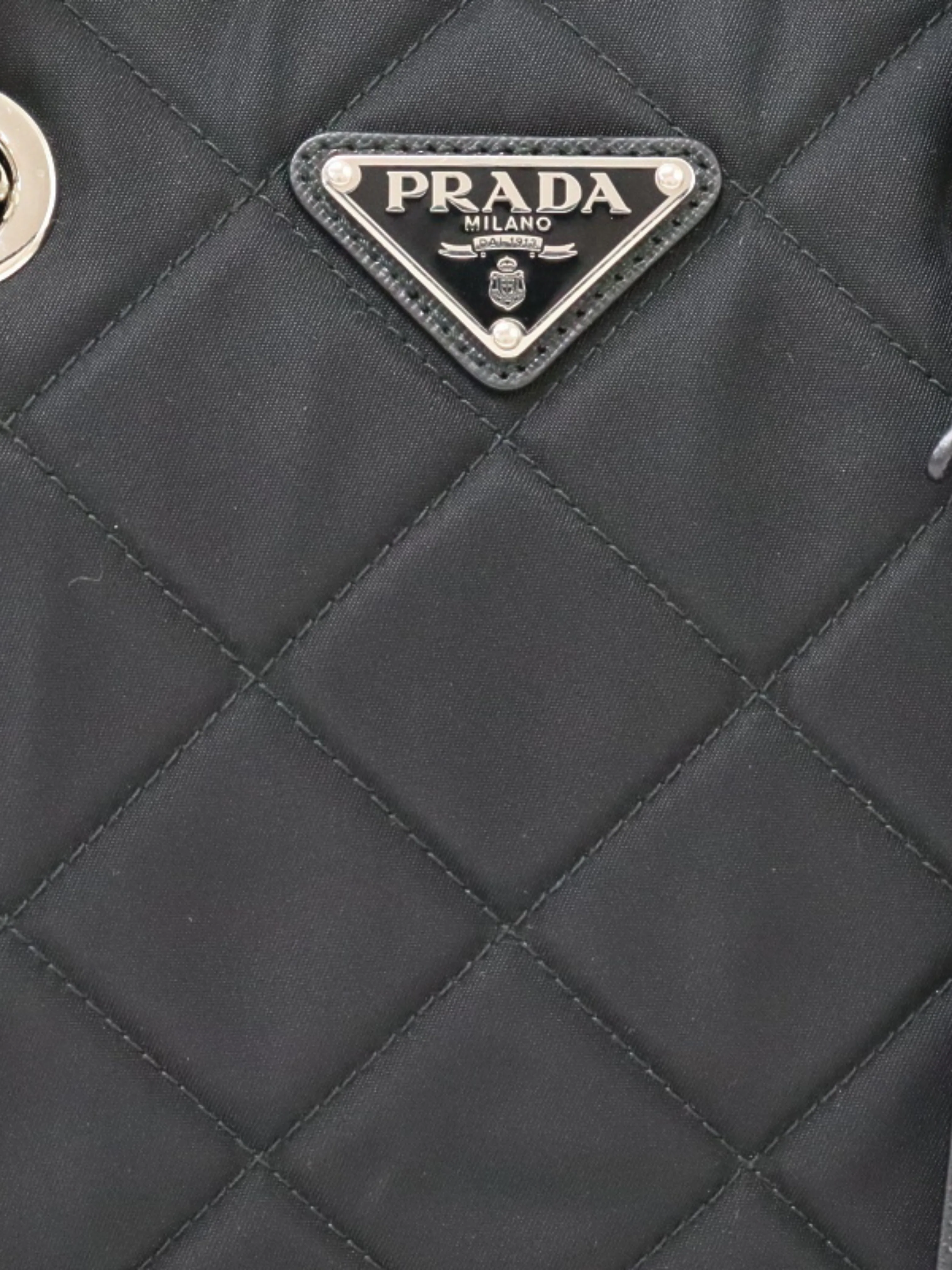 Prada 2000s Black Quilted Nylon Leather Triangle Logo Chain Tote Bag - Image 6