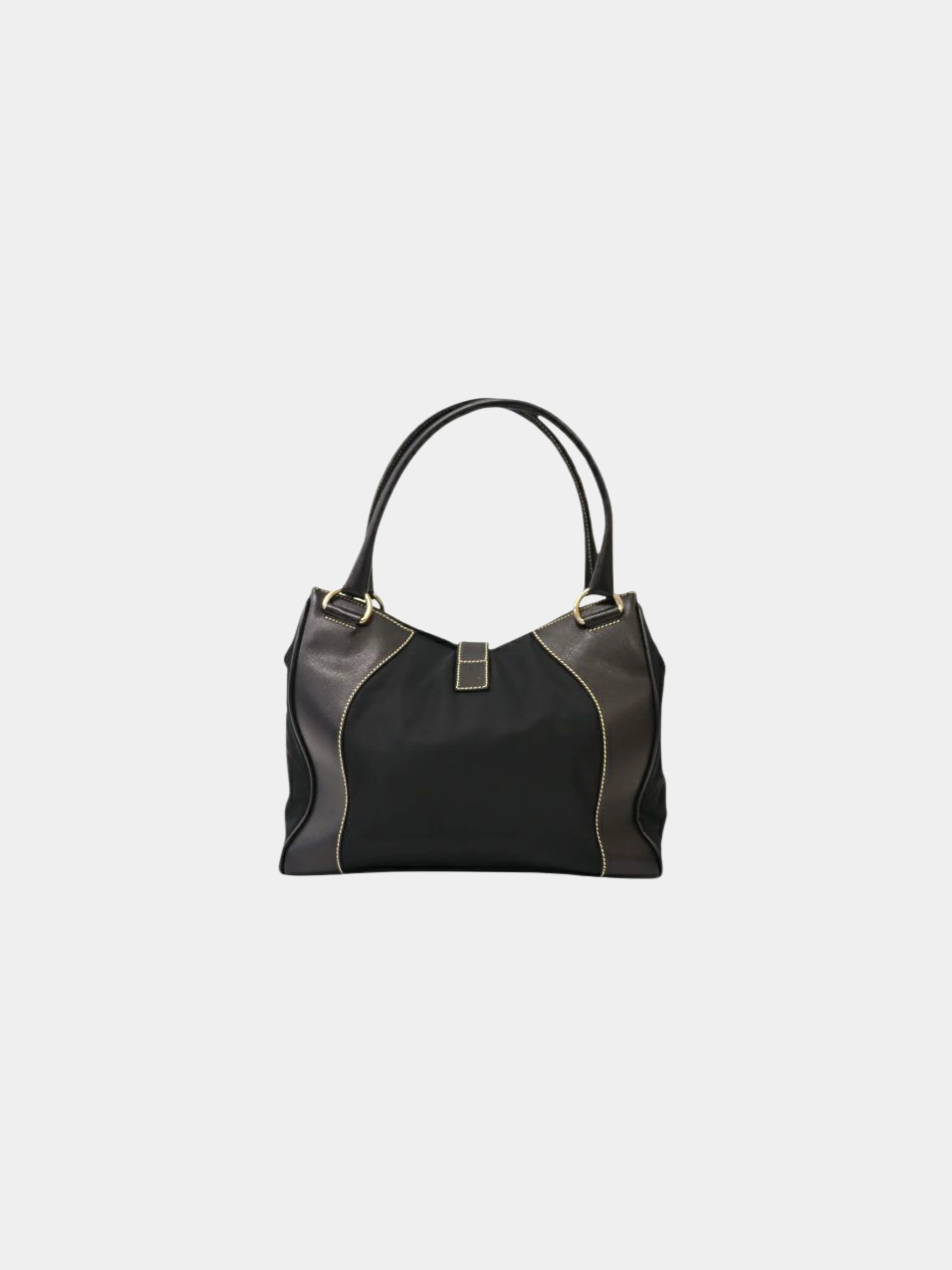 Prada 2000s Black Triangle Logo Nylon Stitch Leather Tote Bag - Image 2