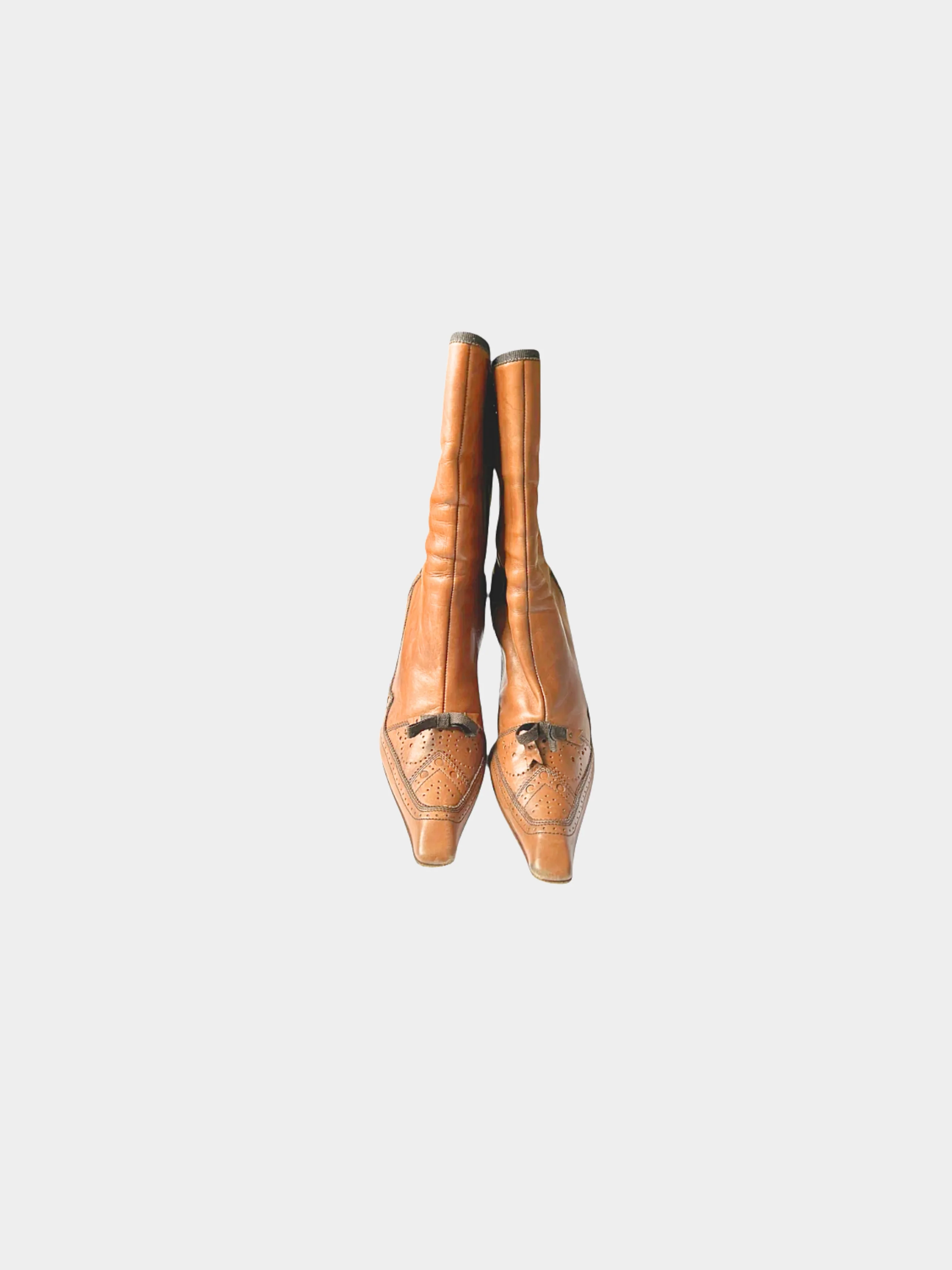 Prada 2000s Brown Bow Tie Leather Boots - Image 3