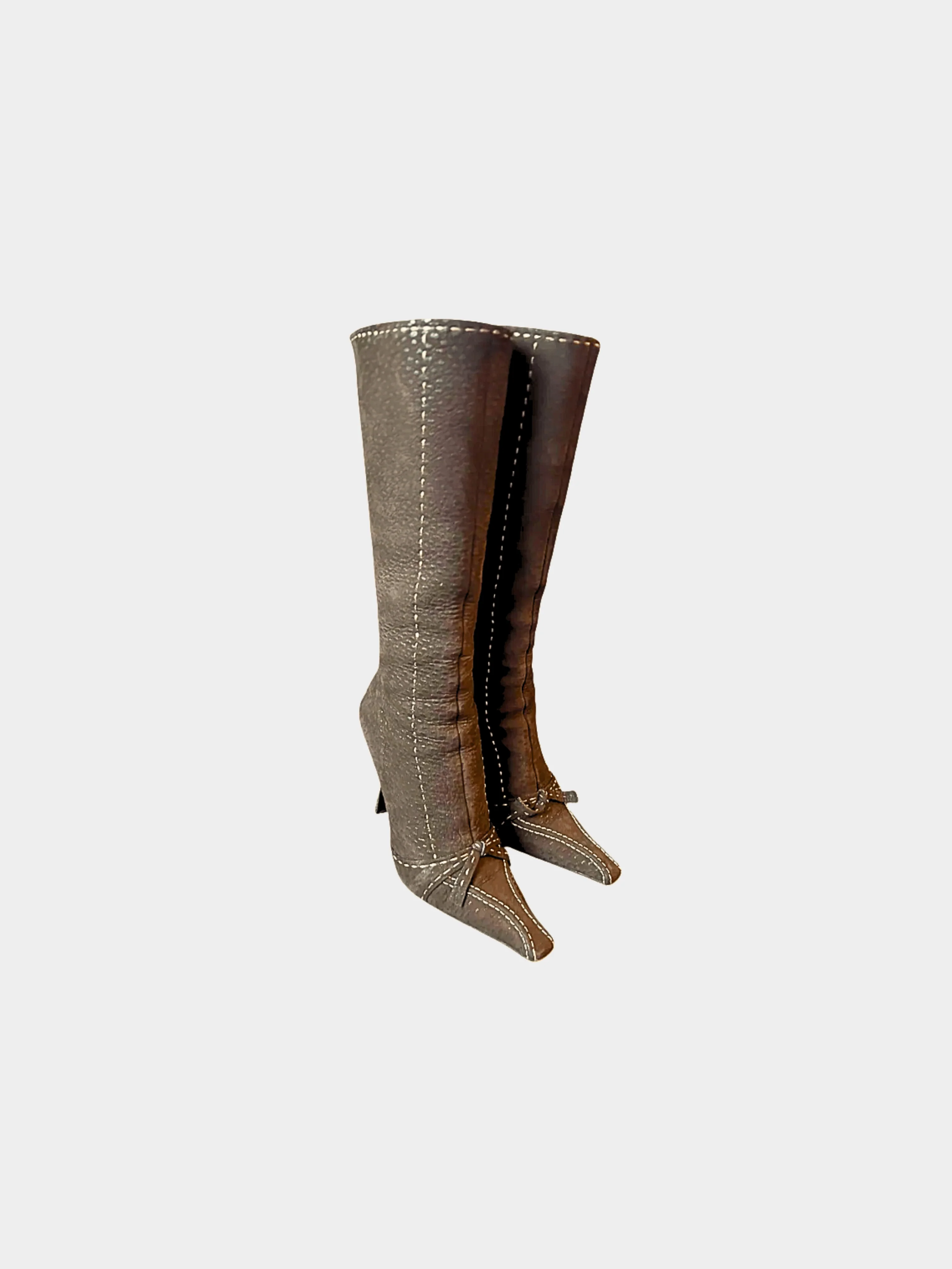 Prada 2000s Chocolate Brown Ostrich Leather Contrast Stitch Knee High Boots - Image 3