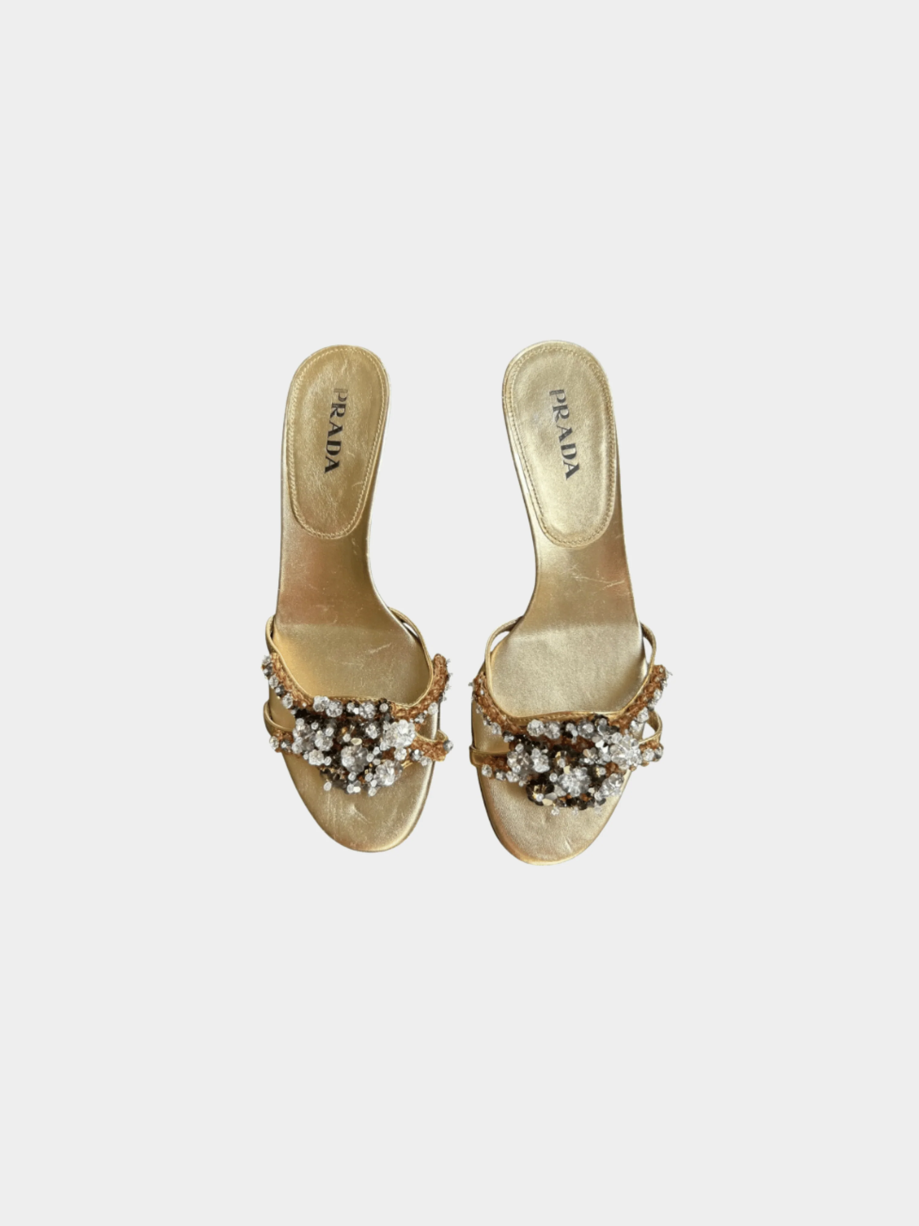 Prada 2000s Crystal Embedded Golden Mule Heels - Image 2