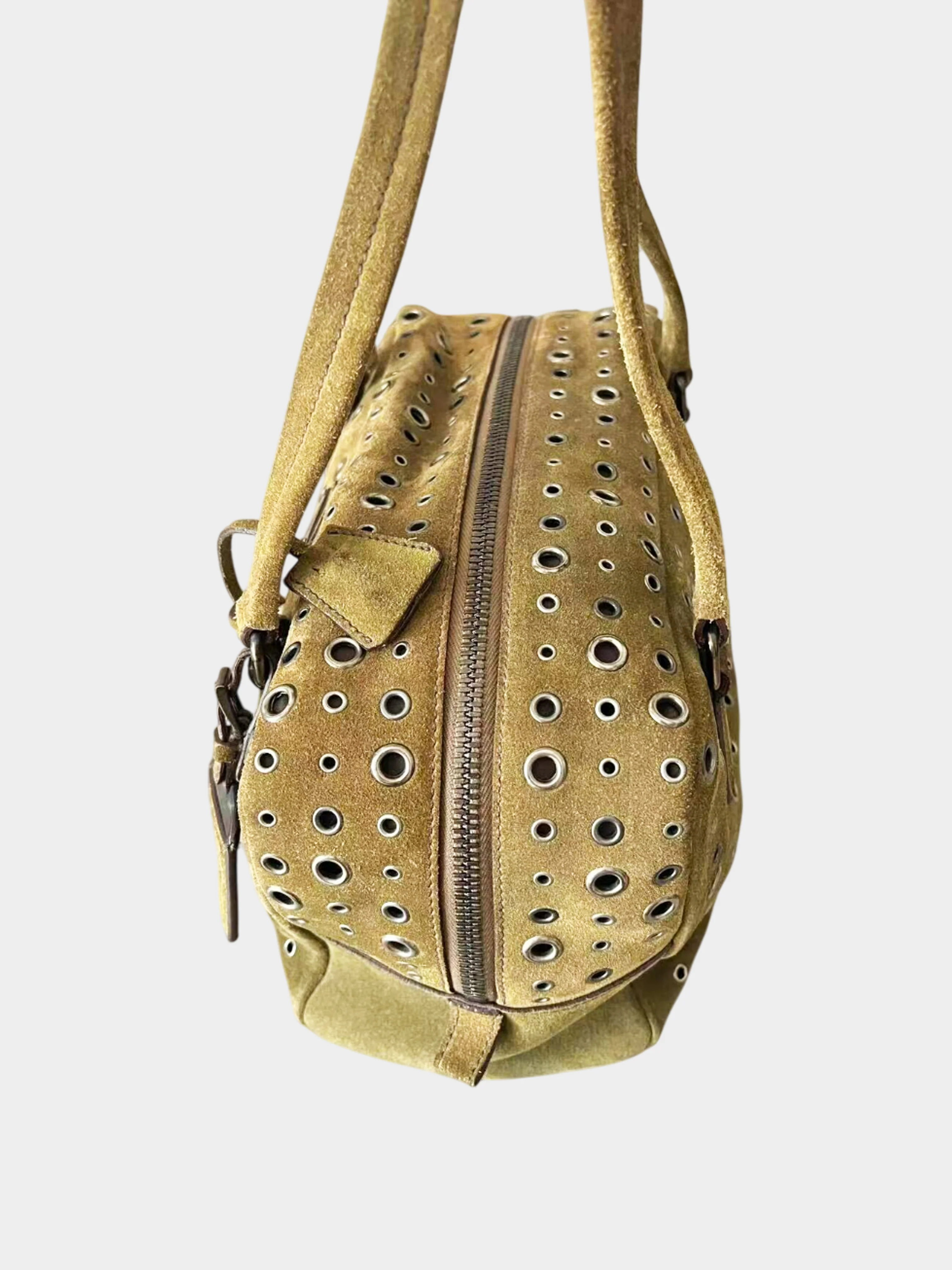 Prada 2000s Khaki Suede Grommet Bag - Image 3