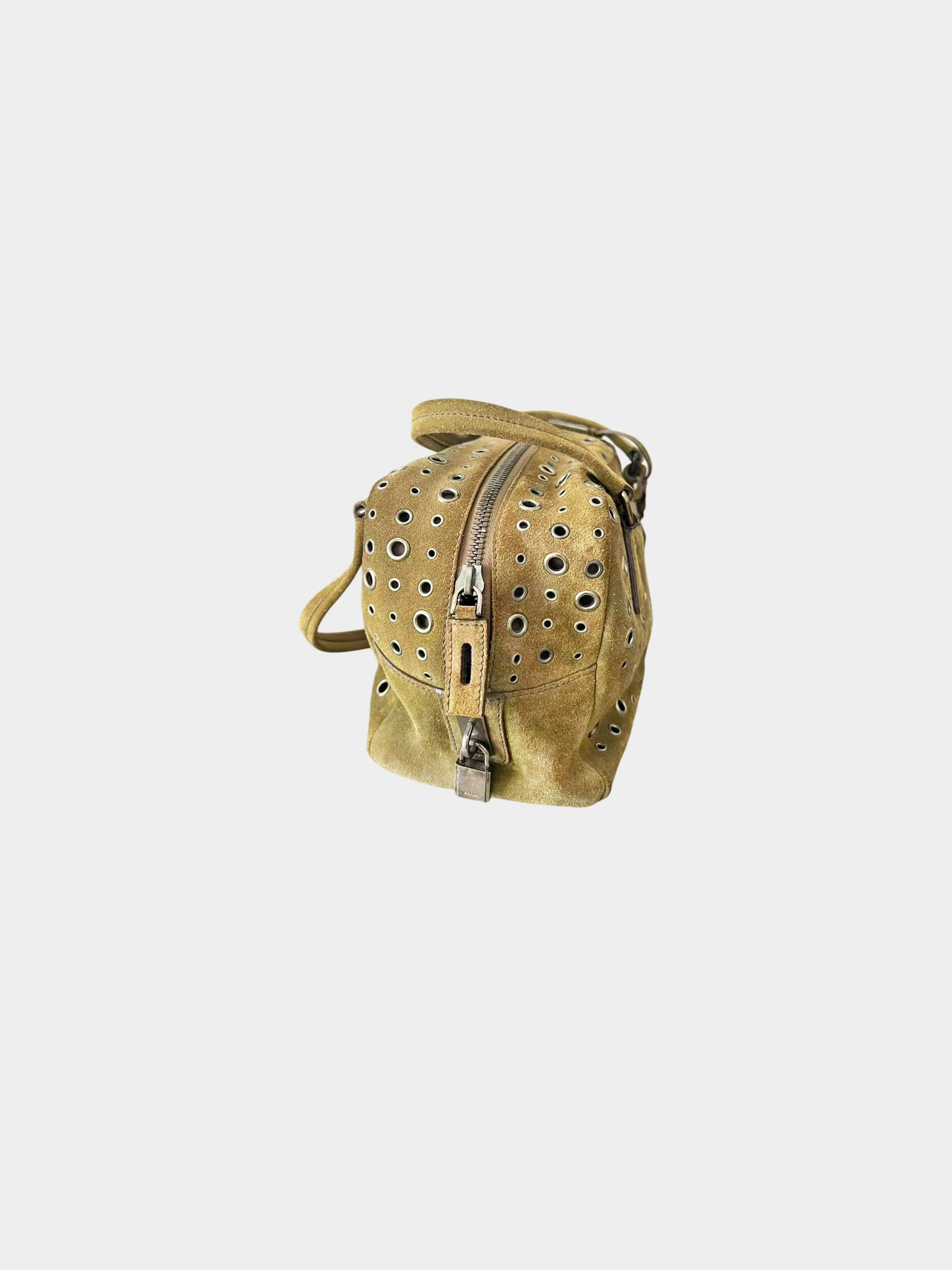 Prada 2000s Khaki Suede Grommet Bag - Image 5