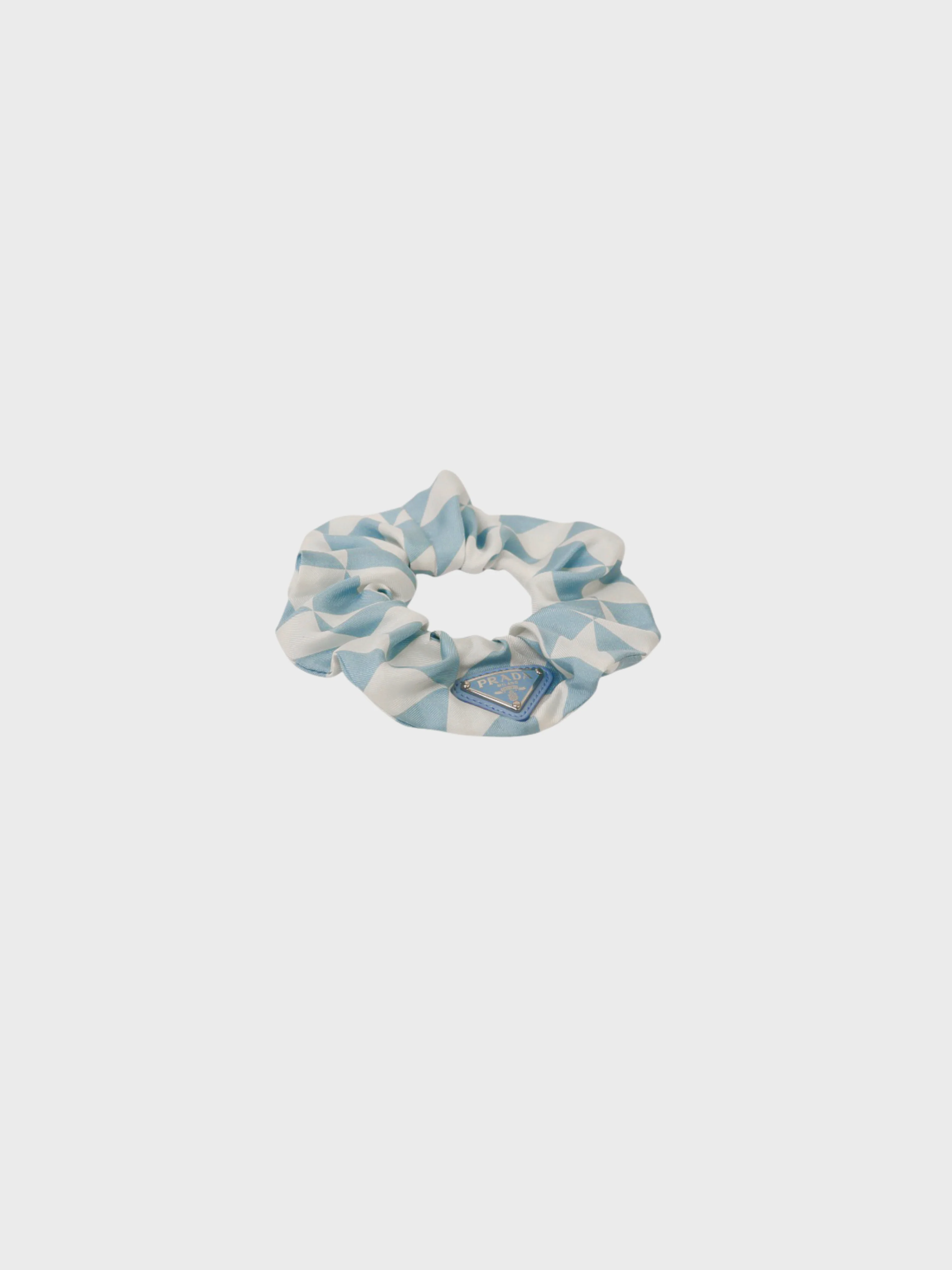Prada 2020s Light Blue White Silk Triangle Logo Scrunchie