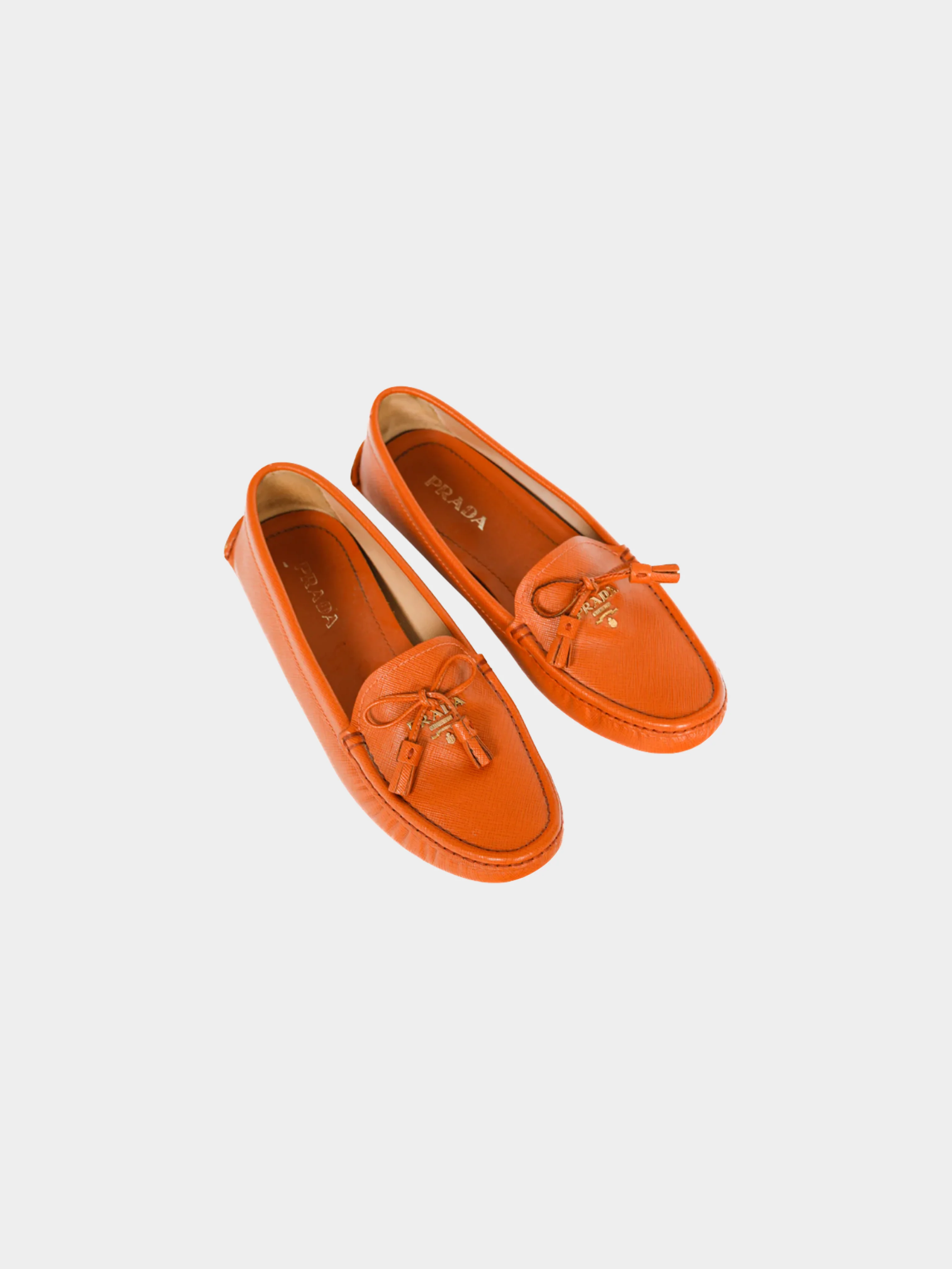 Prada 2000s Orange Saffiano Leather Tassel-Bow Loafers - Image 2