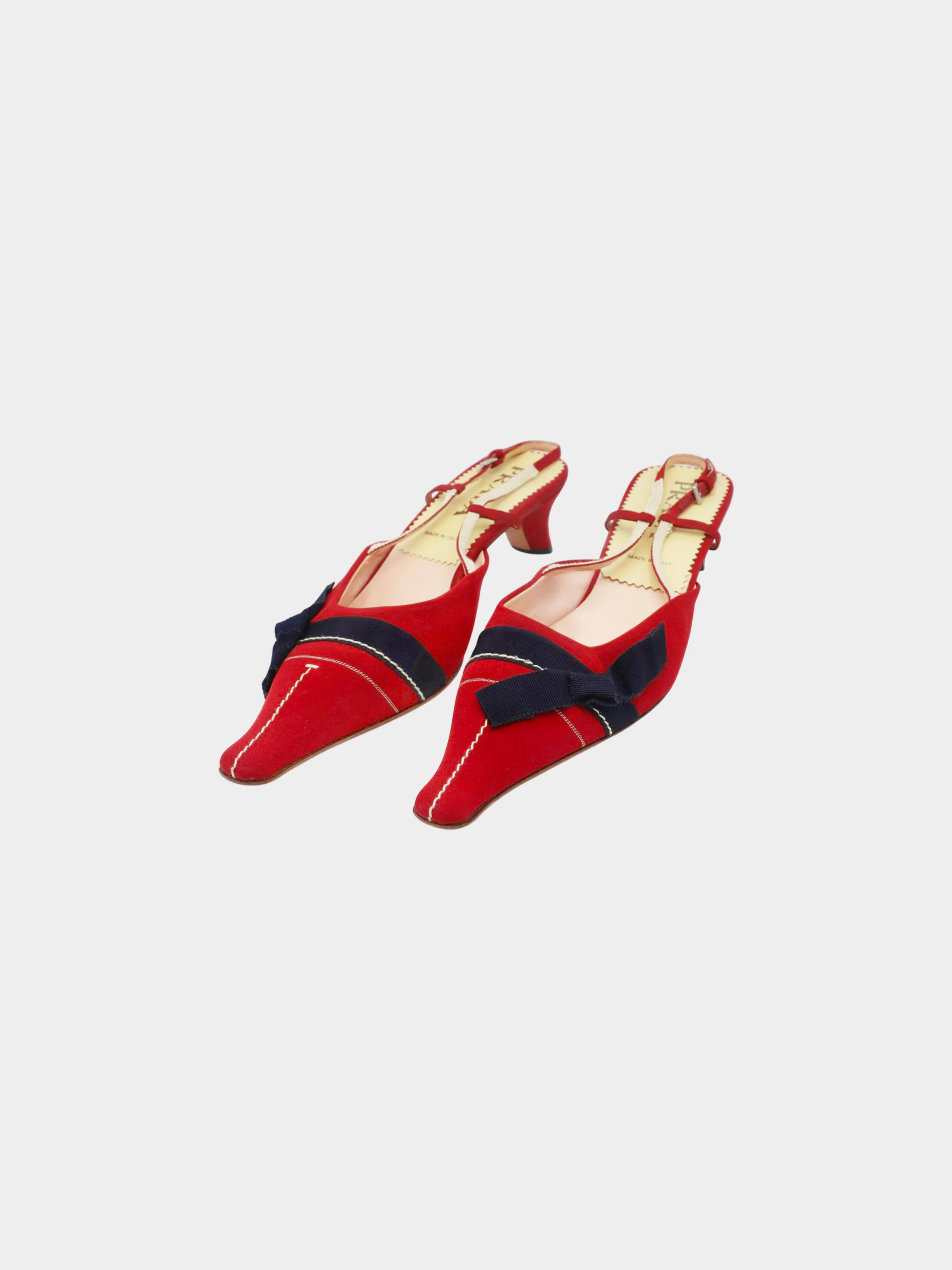 Prada 2000s Red Crepe and Navy Grosgrain Bow Slingback Pumps - Image 3