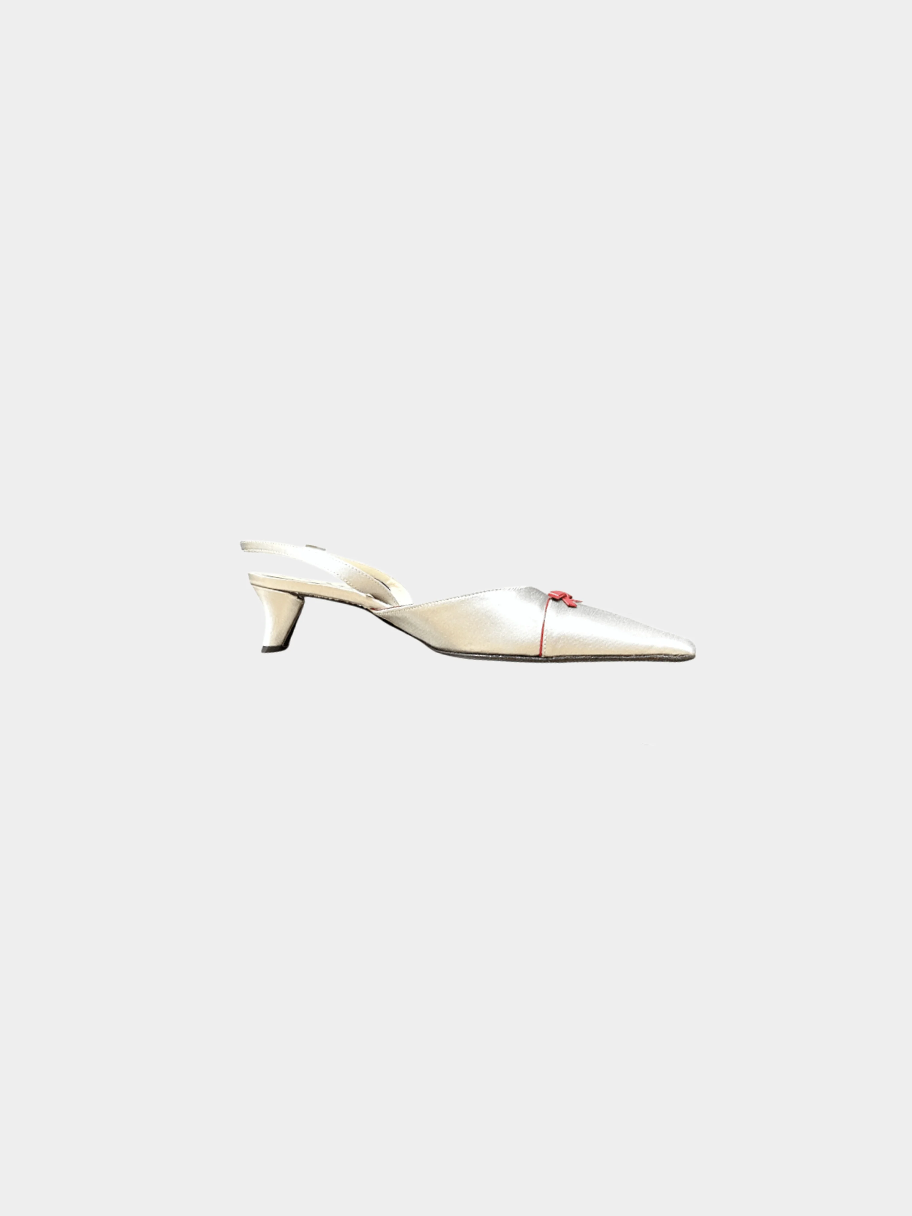 Prada 2000s Silver Satin with Red Ribbon Mules