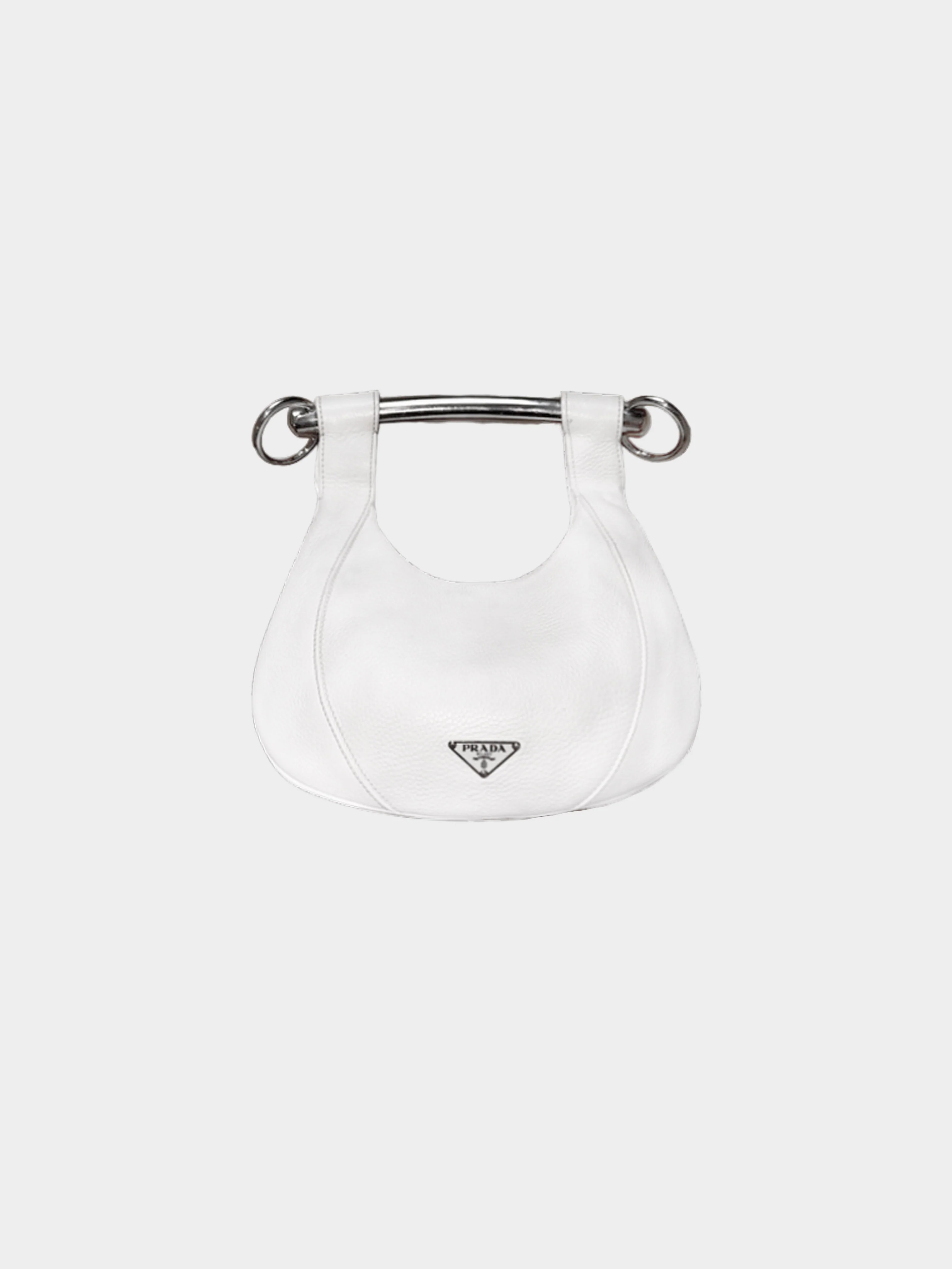 Prada 2000s White Leather Vitello Daino Metal Bar Top Handle Bag
