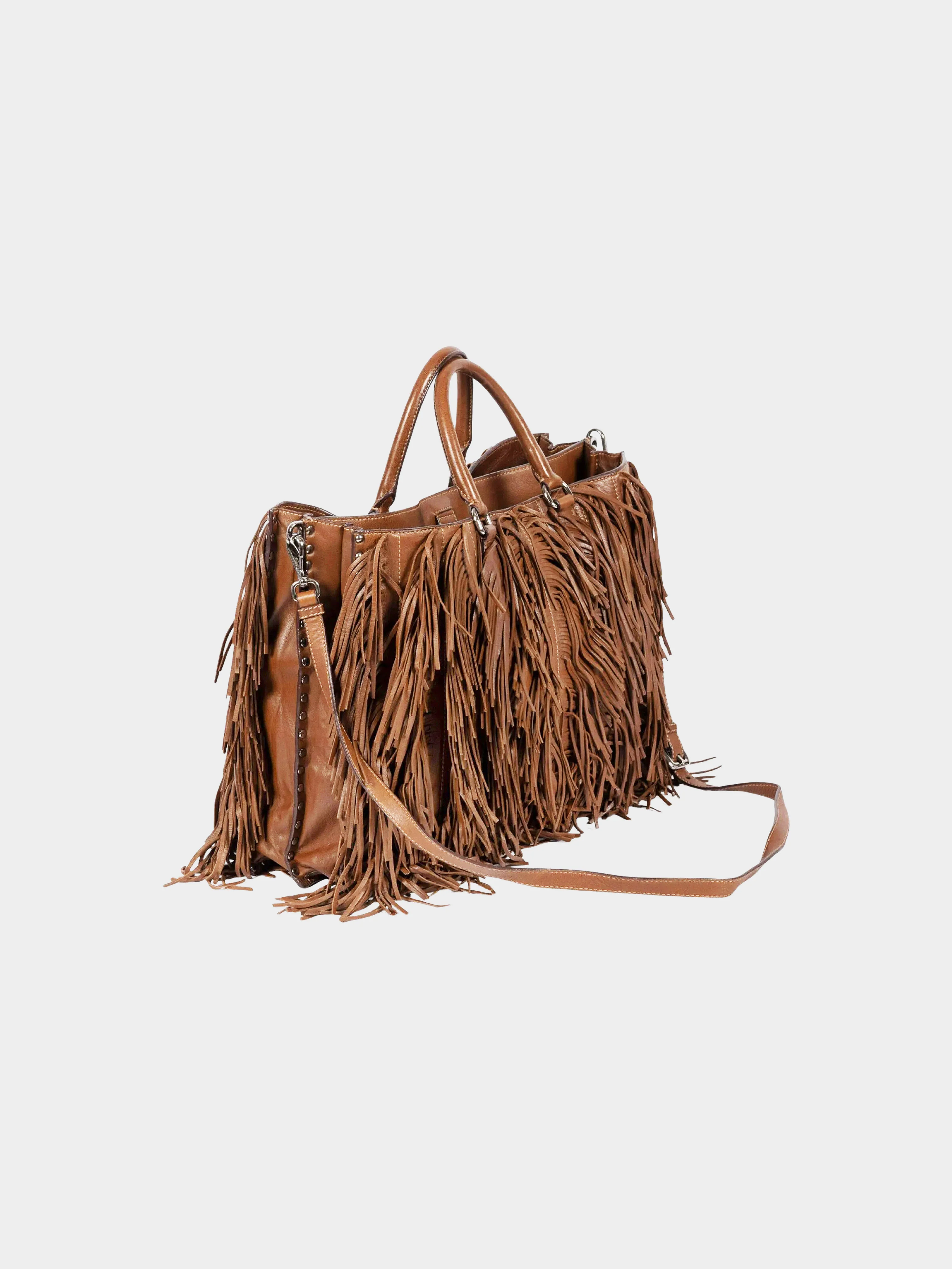 Prada 2006-2007 Brown Lambskin Leather Fringe Large Tote Bag - Image 2