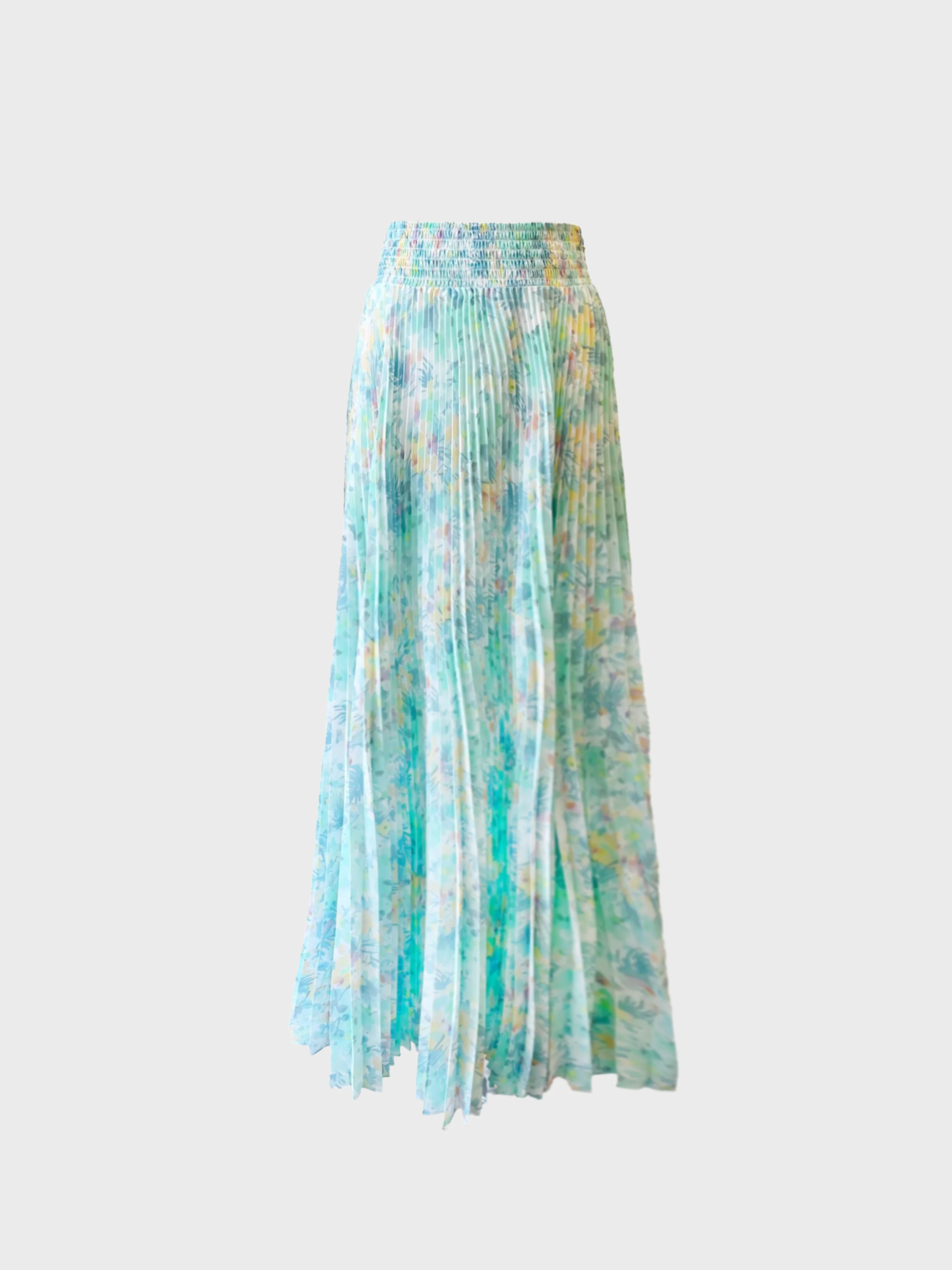 Prada 2010s Green Floral Print Pleated Maxi Skirt