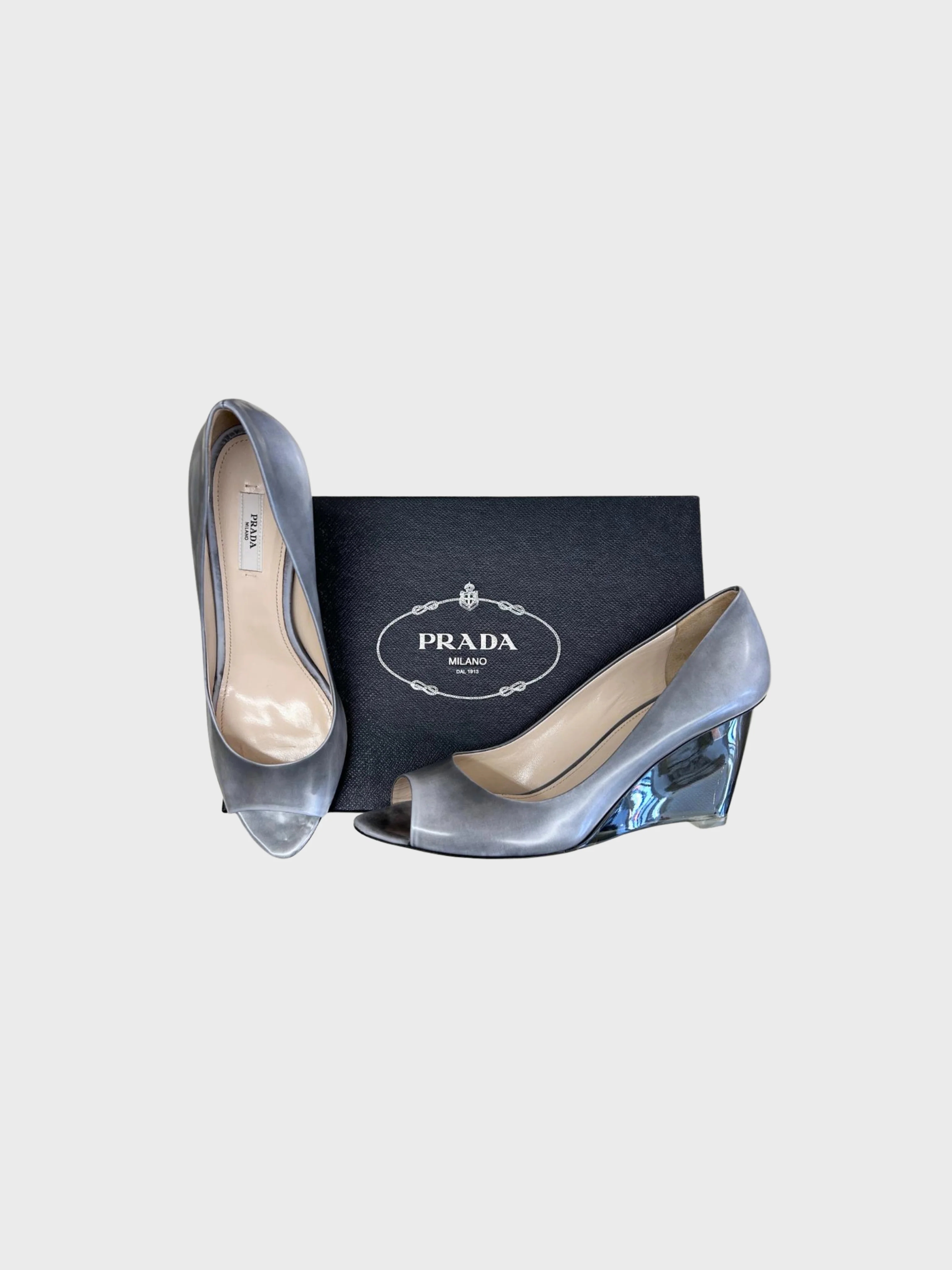 Prada SS 1998 Grey Leather Lucite Wedge Peep Toe Heels - Image 4